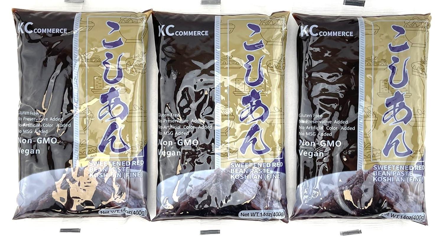 KC Commerce Sweetened Red Bean Paste - Adzuki Beans, Japanese Mochi Rice Cake Sweets Anko, Mashed TSUBUAN, VEGAN & GLUTEN-FREE, NO PRESERVATIVE, NO-MSG, NON-GMO, 14.11oz (Pack of 3 (Fine))