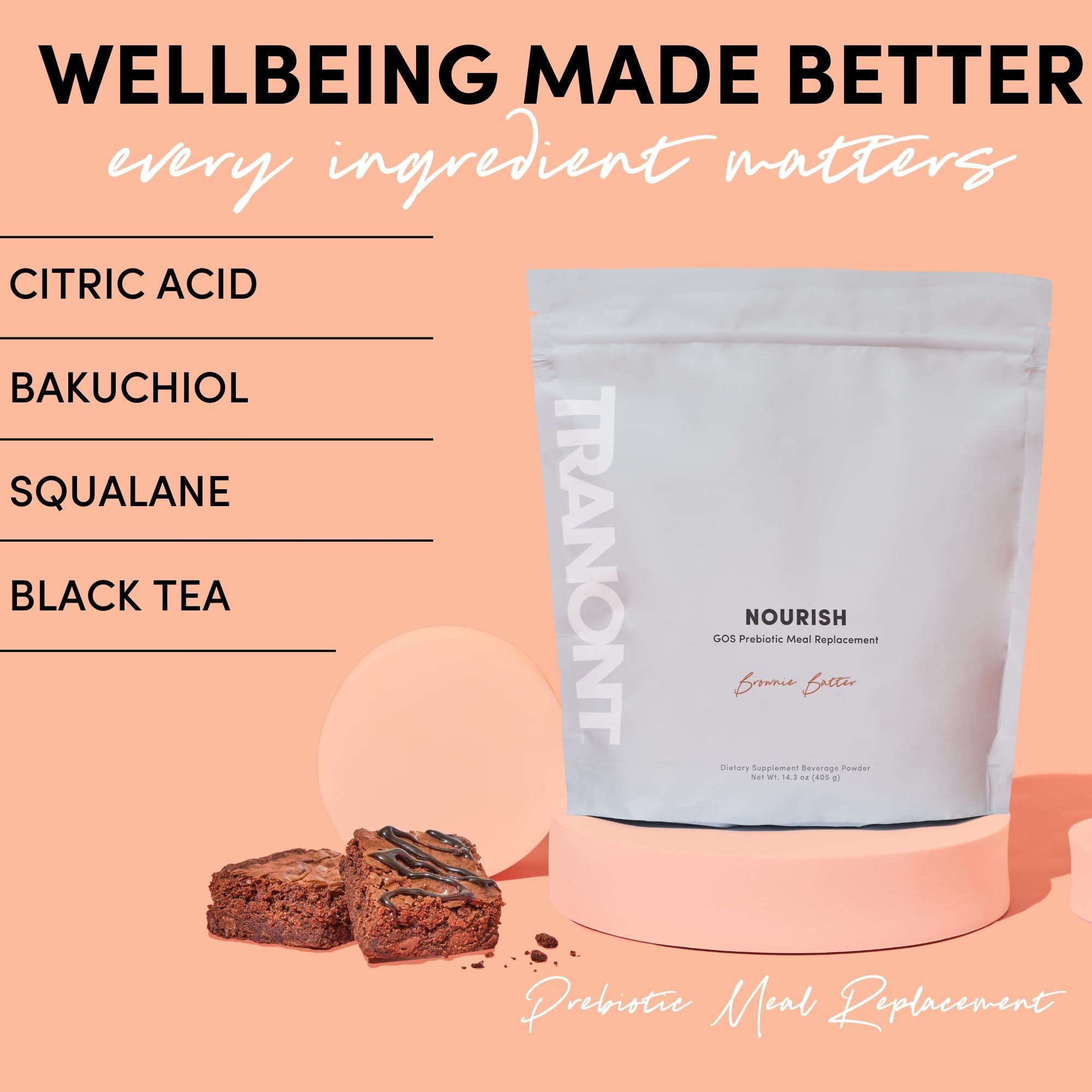 Tranont Tranont Nourish GOS Prebiotic Meal Replacement Shake | Brownie Batter Flavor | 14.3 oz | Supports Gut Health & Skin Care | Packed with Vitamins & Minerals | Vegan | Protein Powder | Vitamin C and B