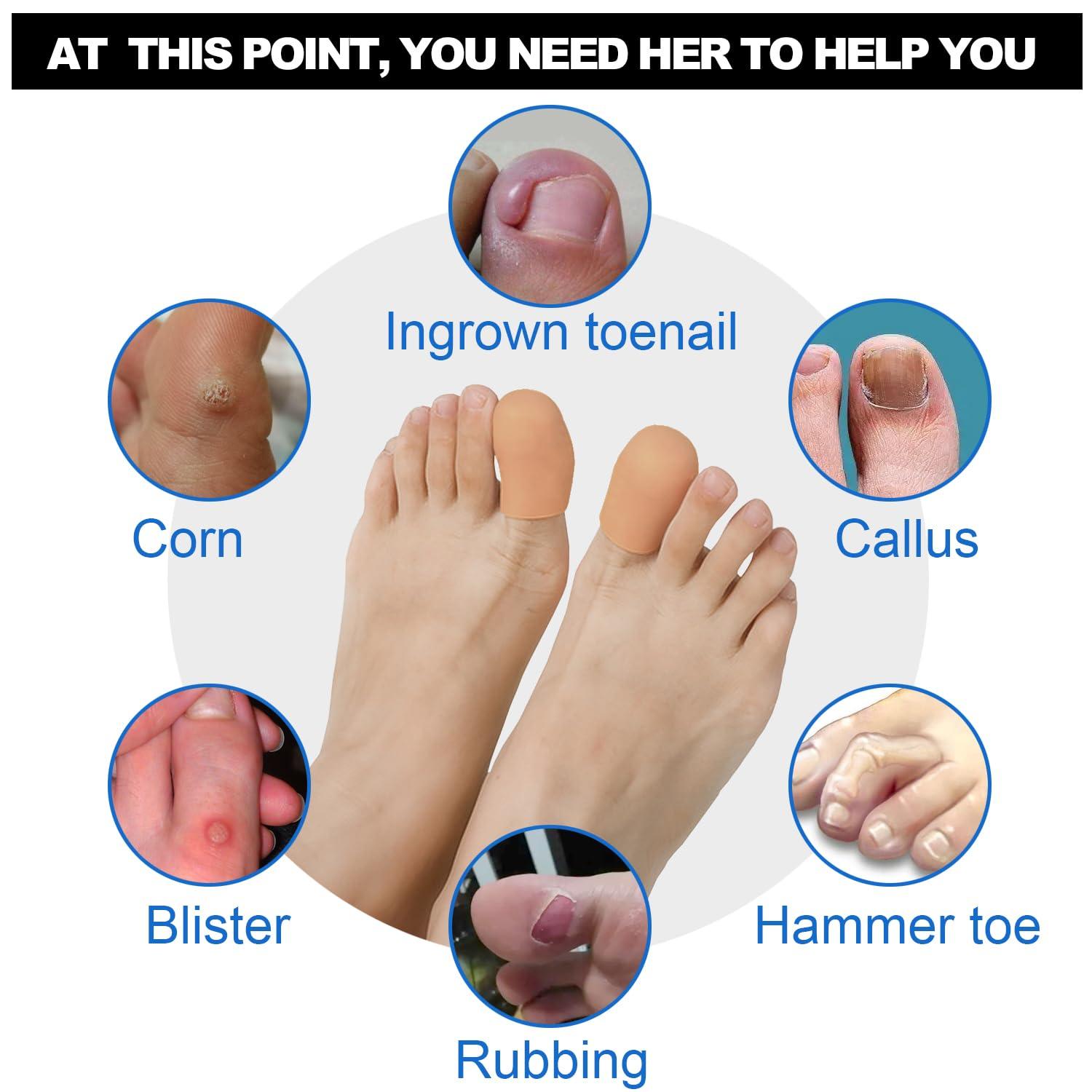 POQOD 4 Pack Gel Toe Cap and Protector for Big Toe - Cushions and Protects, Toe Covers for Women & Men, Provides Relief from Missing or Ingrown Toenails, Corns, Blisters, Hammer Toes (Large, Beige)