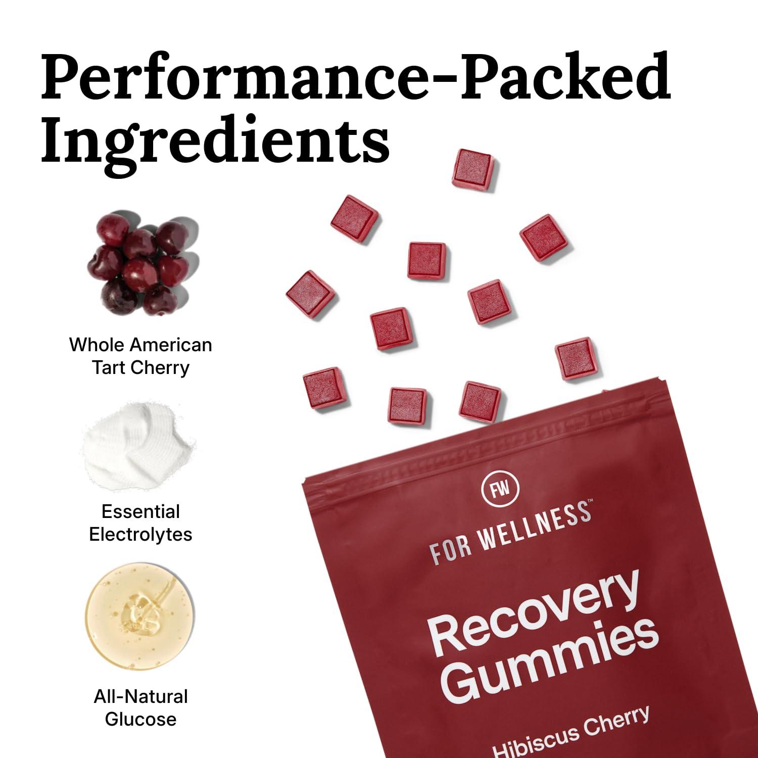 For Wellness Recovery Gummies - Tart Cherry Gummies for Muscle Recovery - Hibiscus Cherry Flavor with Antioxidants & Electrolytes Combats Soreness, Fights Inflammation, Boosts Energy - Vegan, Non-GMO, Gluten-Free