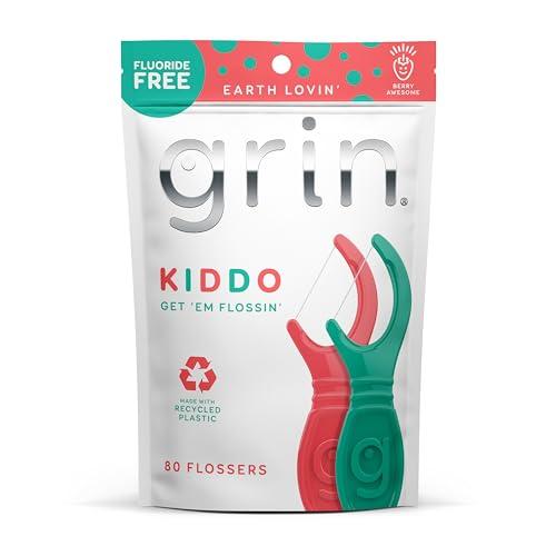 Grin GRIN Kiddo Flossers, Berry Awesome Flavor, Recycled Plastic, Jumbo Grip, Get Your KIDDOS Flossin Early, Larger Floss Head, Child Safe! 80 Count, Floss Picks, Dental Flossers (Pack of 2)