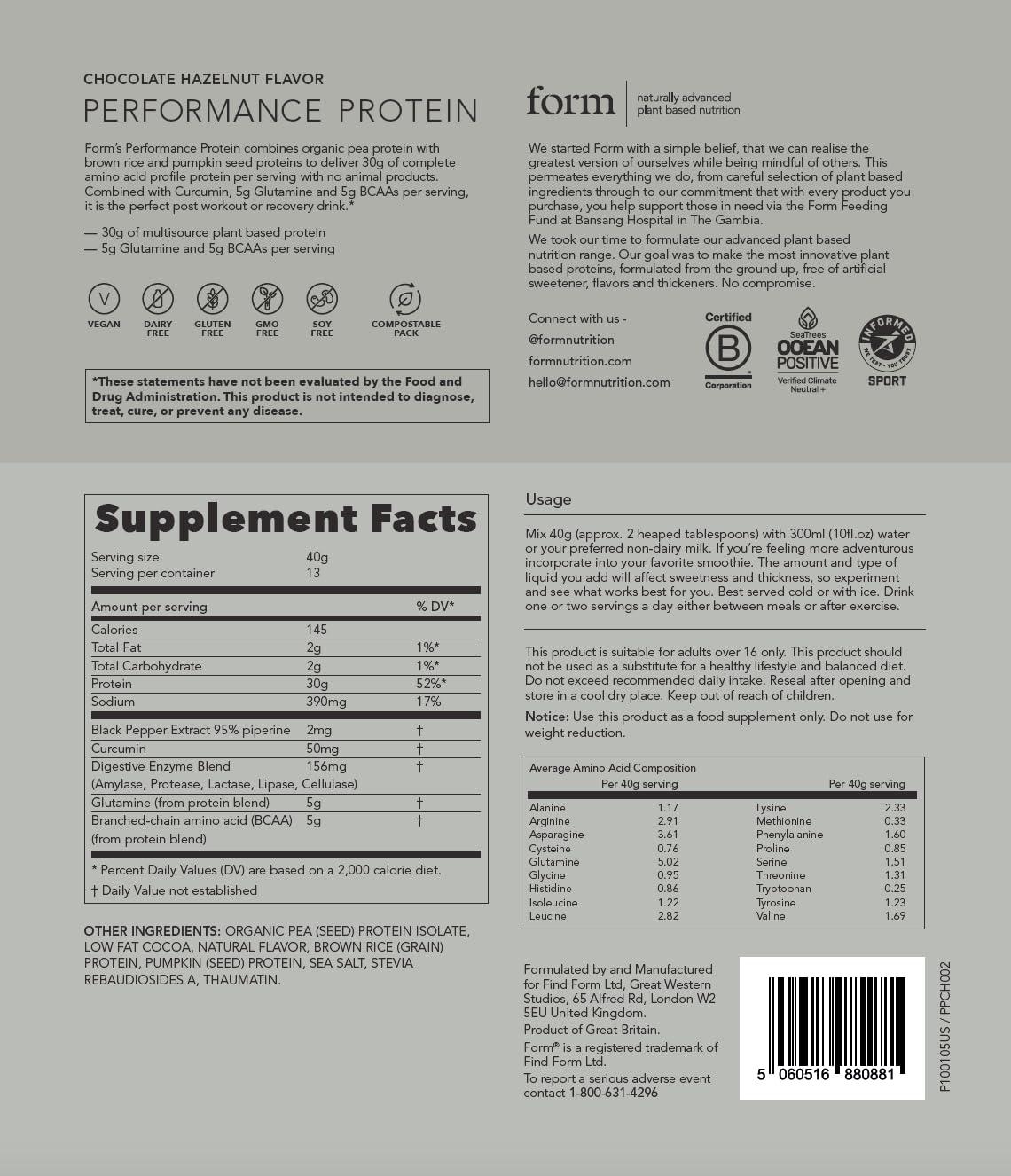 Form Form Performance Protein - Vegan Protein Powder - 30g of Plant Based Protein per Serving, with BCAAs and Digestive Enzymes. Perfect Post Workout. Tastes Great with Just Water! (Chocolate Hazelnut)