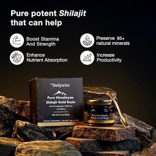 Be Bodywise Be Bodywise Pure Himalayan Shilajit Resin Gold I Lab tested I Ashwagandha, Gokshura & Saffron I Fulvic Acid & Trace Minerals I Shilajit for Men & Women | Zero Sugar I 100% Organic & Natural I 30 gm.