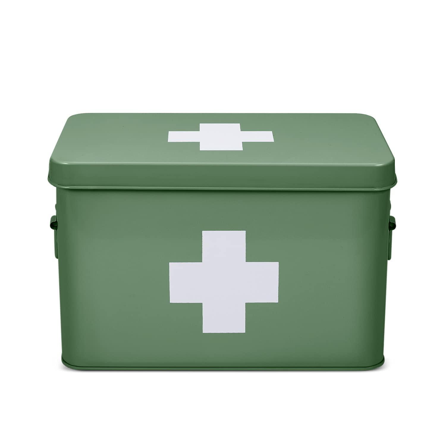 Flexzion Flexzion First Aid Box Organizer - Empty 13\" Green Vintage First Aid Kit Tin Metal Medical Box - First Aid Storage Box Container Bins with Dividers, Removable Tray and White Cross Logo
