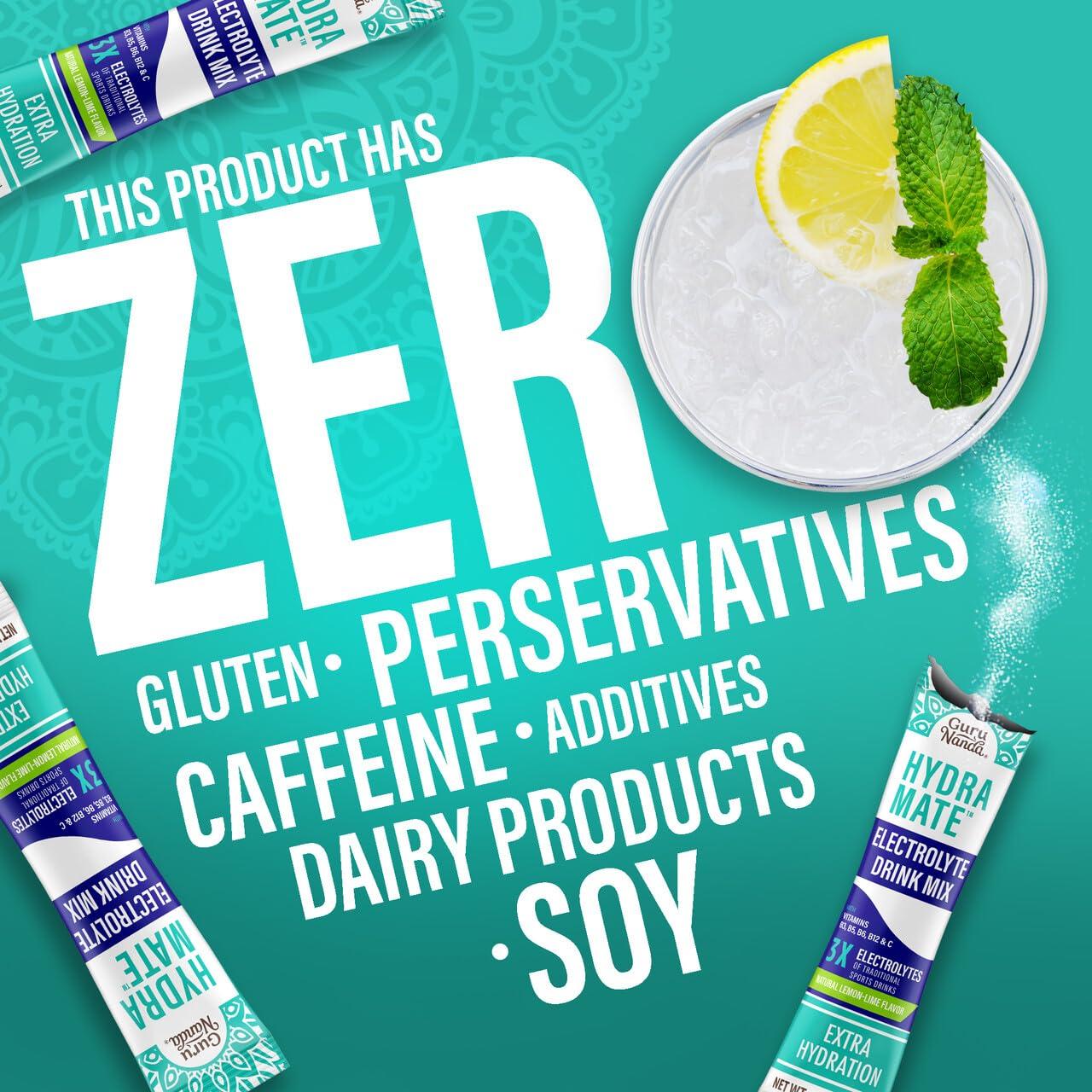 GuruNanda GuruNanda Hydramate Hydration Support Drink Mix - Electrolyte Powder Packets for Dehydration, Exercise & Energy - No Added Sweeteners, Non-GMO, Natural Lemon Lime Flavor - 12 Count (0.56 oz Each)
