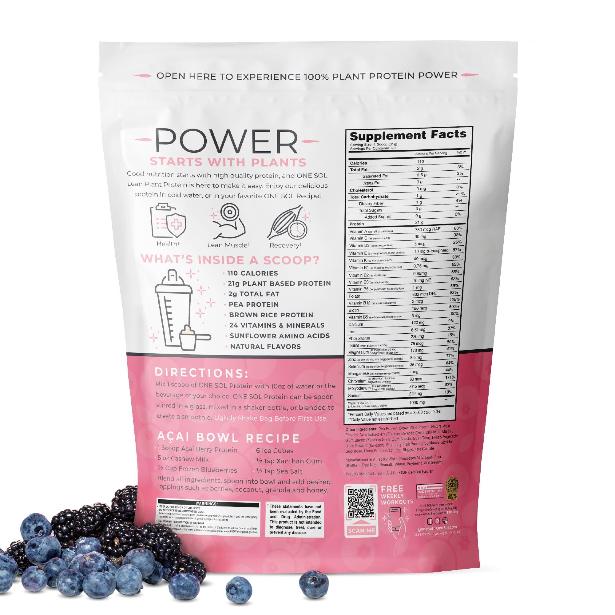 One Sol One Sol Protein Powder, Lean & Low Carb, No Bloating, Gluten Free, Lactose-Free, No Sugar Added, Soy Free, Non-GMO, 100% Plant-Based & Vegan Friendly (Acai Berry Blast)