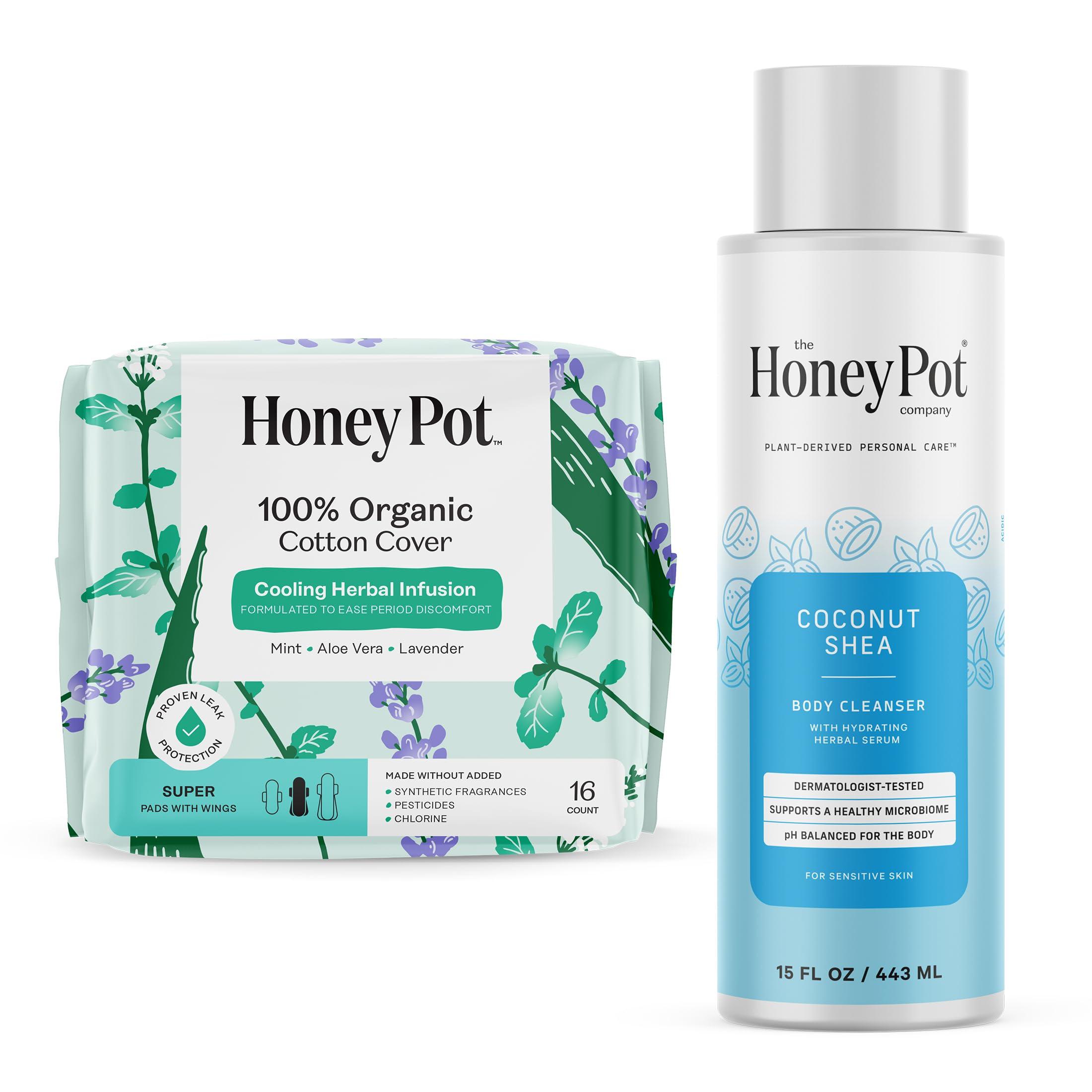 The Honey Pot Company The Honey Pot Company - Super Pads & Coconut Shea Body Cleanser Bundle - Herbal Infused Sanitary Pads for Women - Hydrating Body Wash to Moisturize & Cleanse Skin - Feminine Care - FSA & HSA Eligible