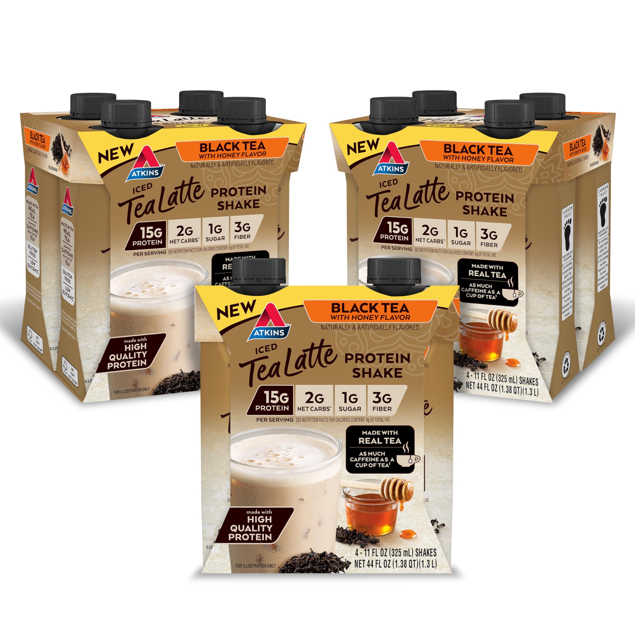Atkins Atkins Milk Chocolate Delight Protein Shake, 15g Protein, 2g Net Carb, 12 Count and Atkins Iced Tea Latte Protein Shake, Black Tea with Honey, 15g Protein, 12 Shakes