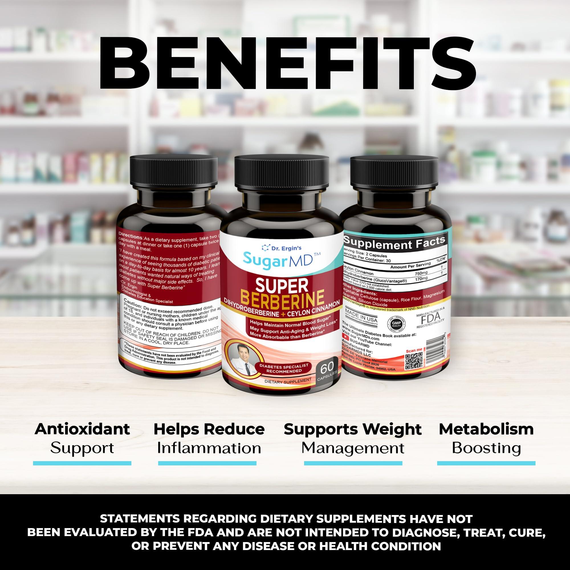 SugarMD SugarMD Super Berberine Supplement 250mg GlucoVantage Dihydroberberine with 4000mg Ceylon Cinnamon - 5X More Absorbable Than Regular Berberine 30 Capsules (30 Day Supply)