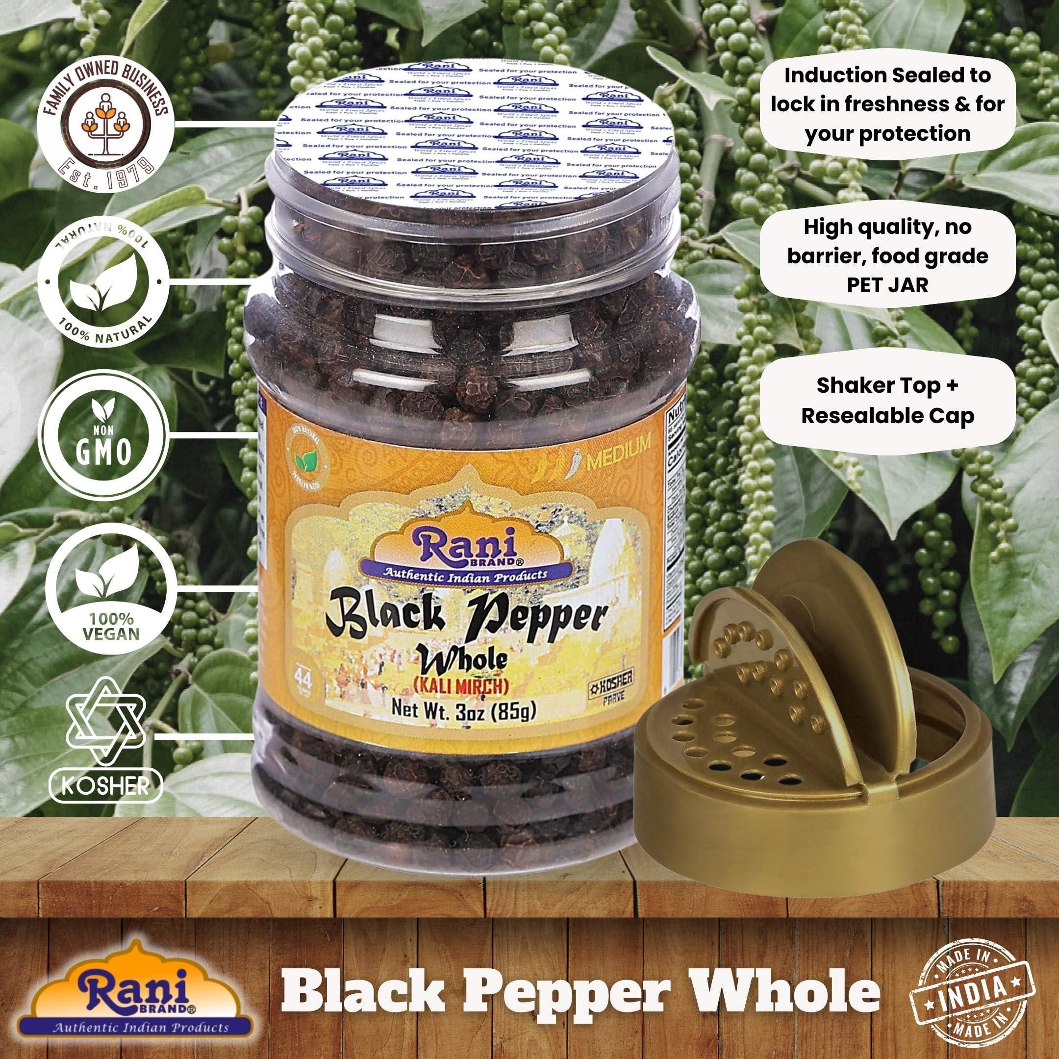 Rani Brand Authentic Indian Products Rani Black Pepper Whole (Peppercorns), Premium MG-1 Grade 3oz (85g) PET Jar ~ All Natural | Gluten Friendly | Non-GMO | Kosher | Product of Vietnam | Perfect size for Grinders!