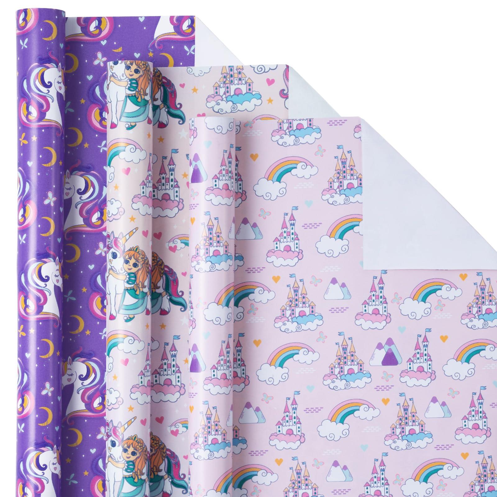 LeZakaa LeZakaa Unicorn Birthday Wrapping Paper Roll for Kids Girls Women, Purple Unicorn Wrapping Paper Rolls, Castle & Rainbow Gift Wrap for Birthday, Baby Shower Party Favor, 17 x 120 inches, 3 Rolls