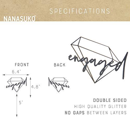 NANASUKO NANASUKO Engagement Cake Topper - engaged - with Modern Geometric Diamond Frame - Double Sided Black Glitter - Premium Quality Made in USA