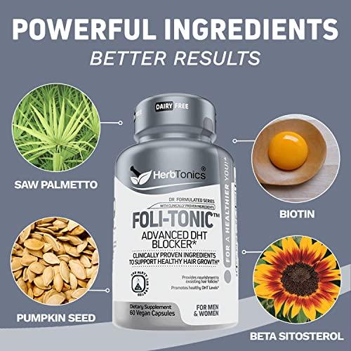 Herbtonics Foli-Tonic DHT Blocker & Hair Loss Supplement | Hair Thinning Treatment & Promotes Healthy Thicker Hair Growth - Prostate Support Supplement for Men\'s Health - Saw Palmetto & Beta Sitosterol Formula