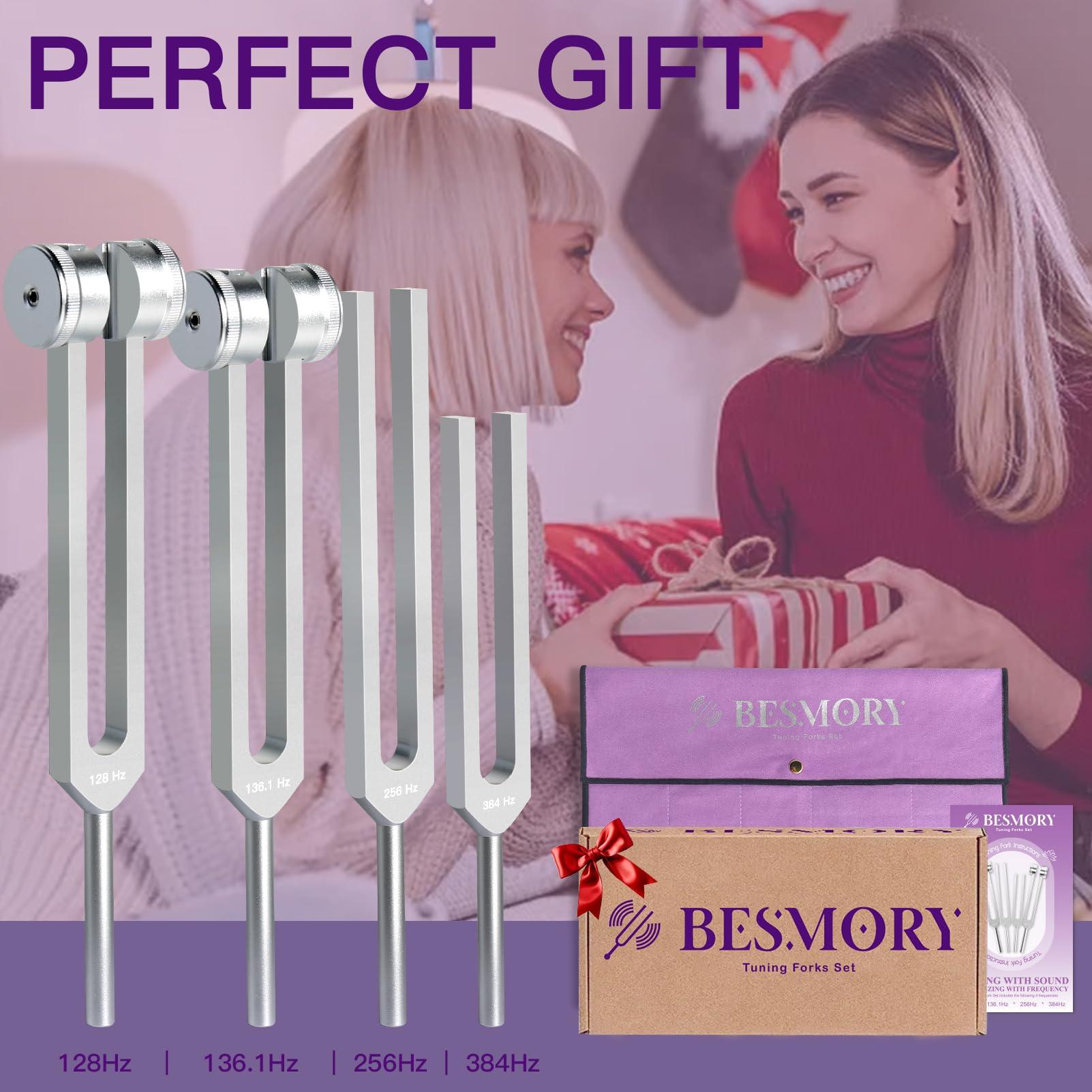 BESMORY Tuning Forks for Healing Set (128HZ, 136.1HZ, 256HZ, 384HZ), Tuning Fork with Reflex Hammer 4-Piece Set for Chakras/Sound Therapy/Healing/Medicine, A Good Gift for Women, Meditation Beginner (Silvery)