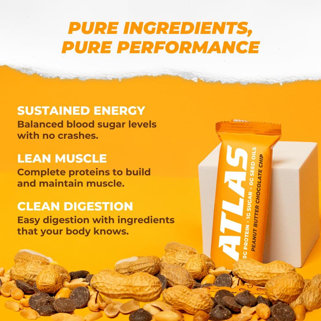 Atlas Protein Bar Atlas Protein Bar, 20g Protein, 1g Sugar, Clean Ingredients, Gluten Free, Peanut Butter Chocolate Chip (12 Count, Pack of 3)