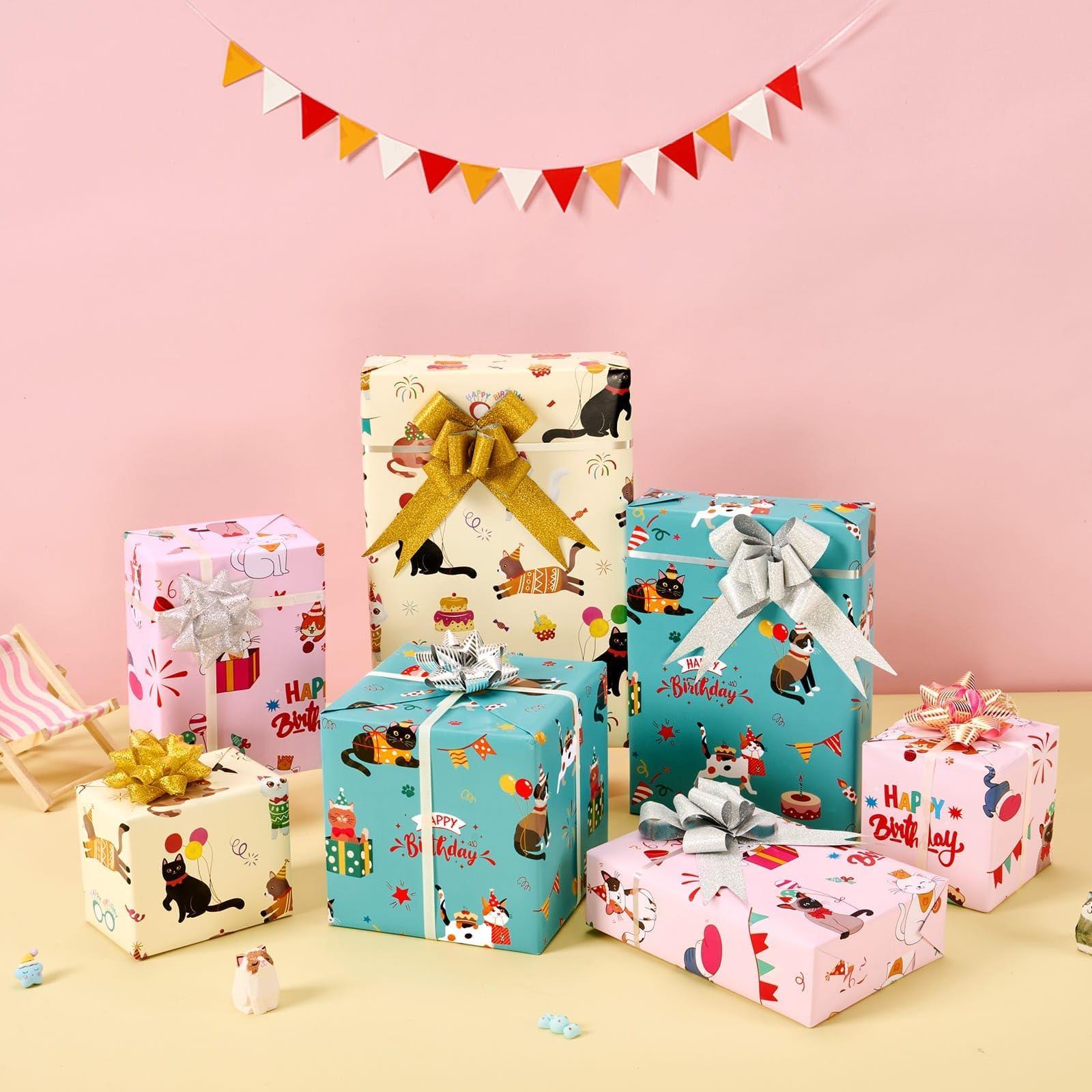 WERNNSAI WERNNSAI Cat Wrapping Paper Rolls - 3 Rolls 17 x 120 Birthday Wrapping Paper Rolls Cat Birthday Gift Wrap Paper Girls Wrapping Paper Rolls Kitten Wrapping Paper Bday Gift Wrap Paper with Cutting Lines 10ft