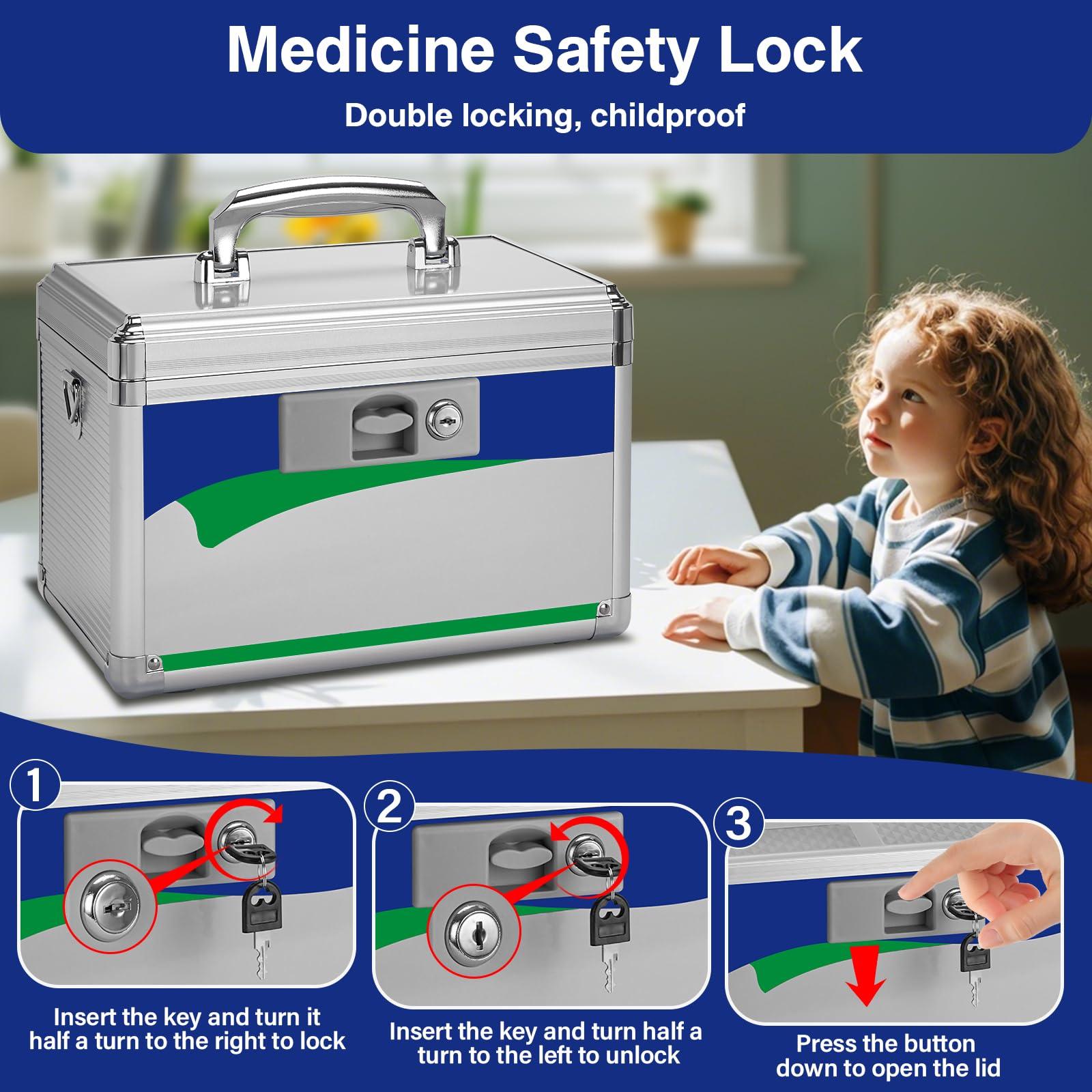 GODLONSEN GODLONSEN Medicine Lock Box for Safe Medication - 15 x 8.7 x 9.4 Inches - Lockable Storage Box for Drugs, First Aid Kit Empty, Lock Boxes with Key for Home/Outdoor (Blue/X-Large)