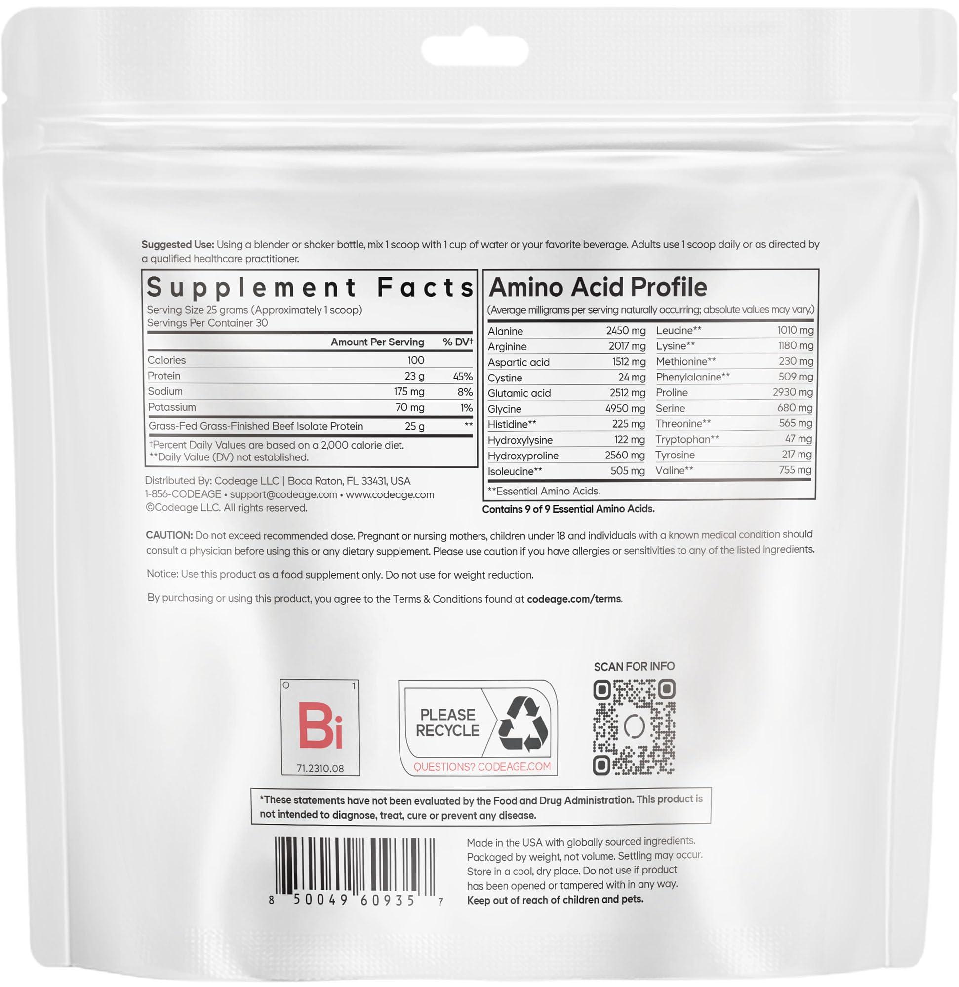 Codeage Codeage Grass-Fed Beef Isolate Protein Powder Supplement - 20 Amino Acids, Collagen-Rich - Athletes & Sports - Unflavored Carnivore Protein Supplement, BCAA & EAA Supplement - Gluten-Free - 26.45 oz