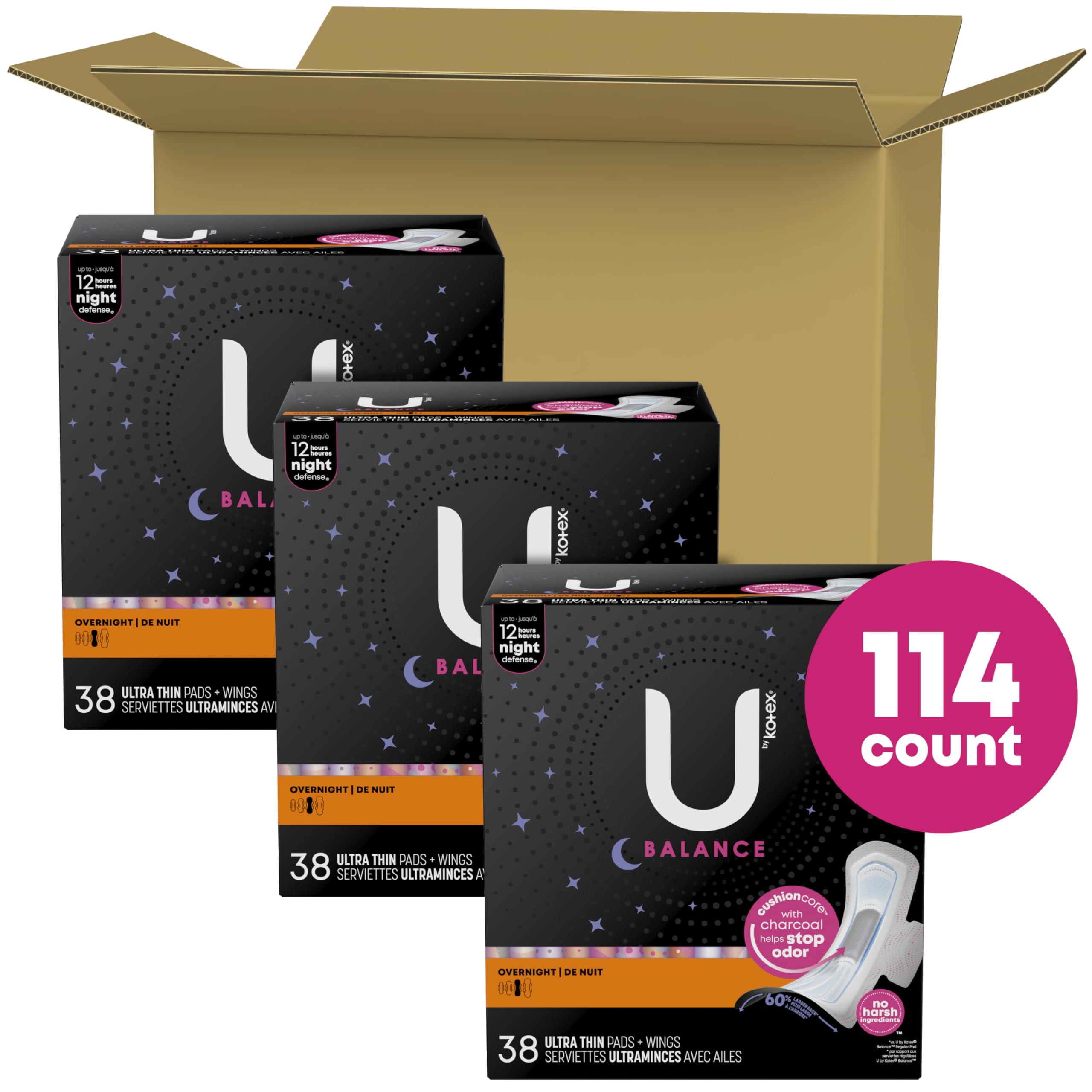 U by Kotex U by Kotex Balance Ultra Thin Overnight Pads with Wings, 114 Count (3 Packs of 38) (Packaging May Vary)