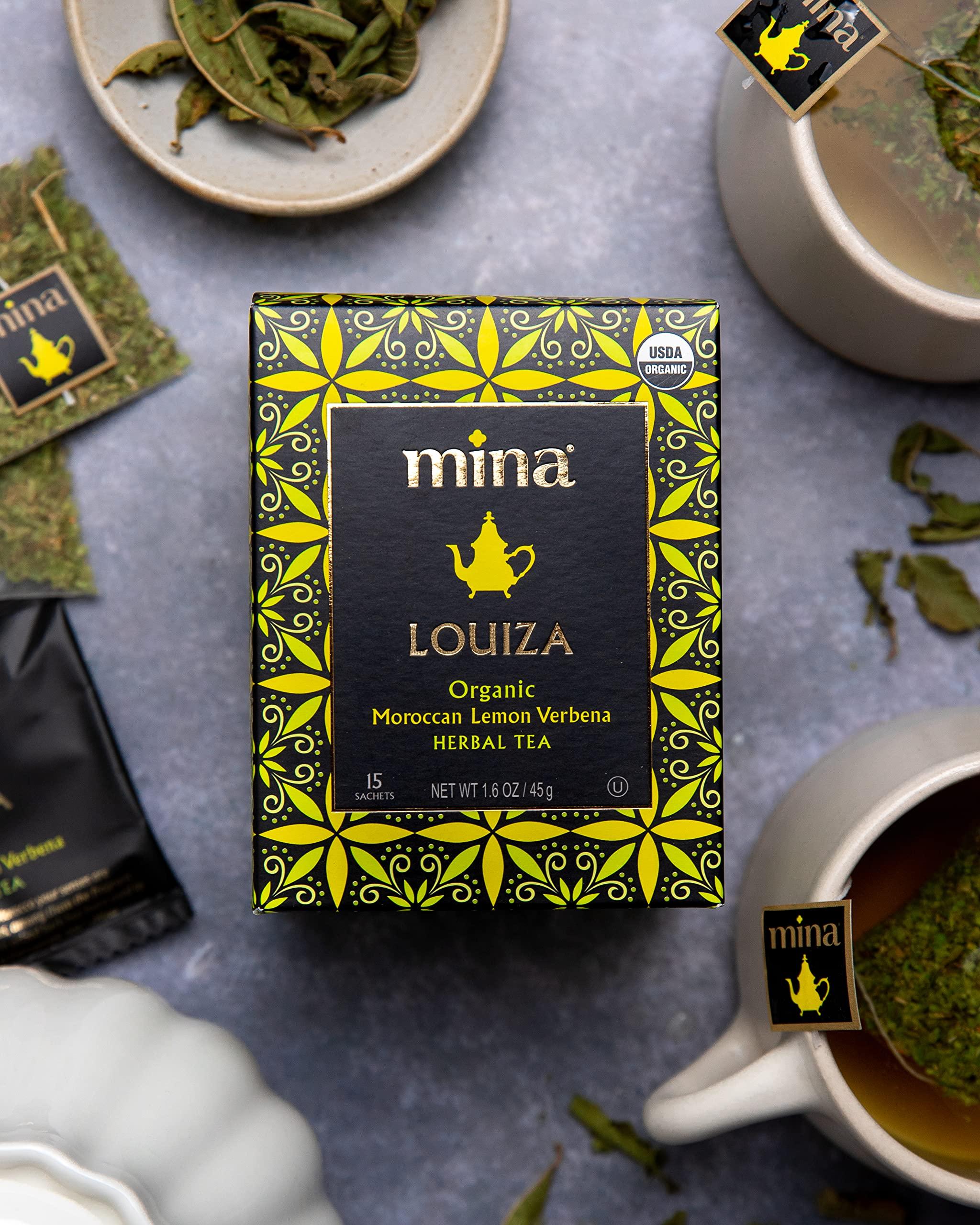 Mina Mina Louiza, Organic Moroccan Lemon Verbena Tea, Organic Herbal Tea Bags, 15 Biodegradable Sachets (6 Pack), Refreshing Lemon Tea Bags, Caffeine Free, Moroccan Lemon Verbena Tea Bags