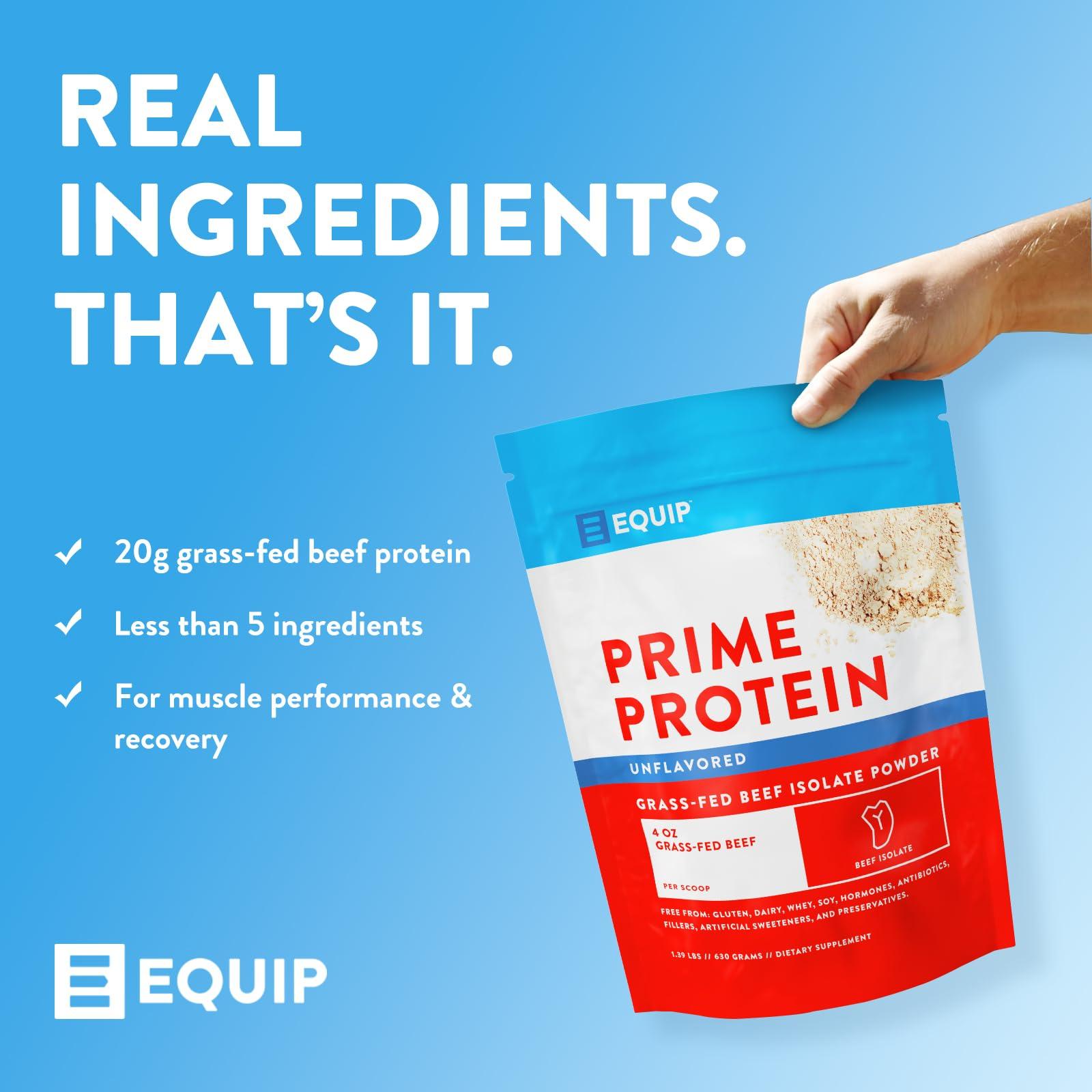Equip Equip Foods Prime Protein Powder | Clean, Grass Fed Beef Protein Isolate | Carnivore Protein Powder | Paleo, Keto Friendly | Gluten, Dairy Free | Helps Build & Repair Tissue | 30 Servings, Unflavored