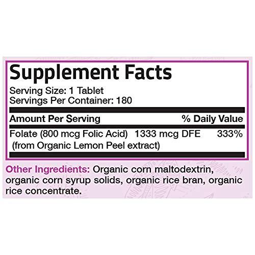 Bronson Bronson Organic Folic Acid (Vitamin B9 Folate) 800 mcg Natural Folate from Lemon Peel, 180 Tablets
