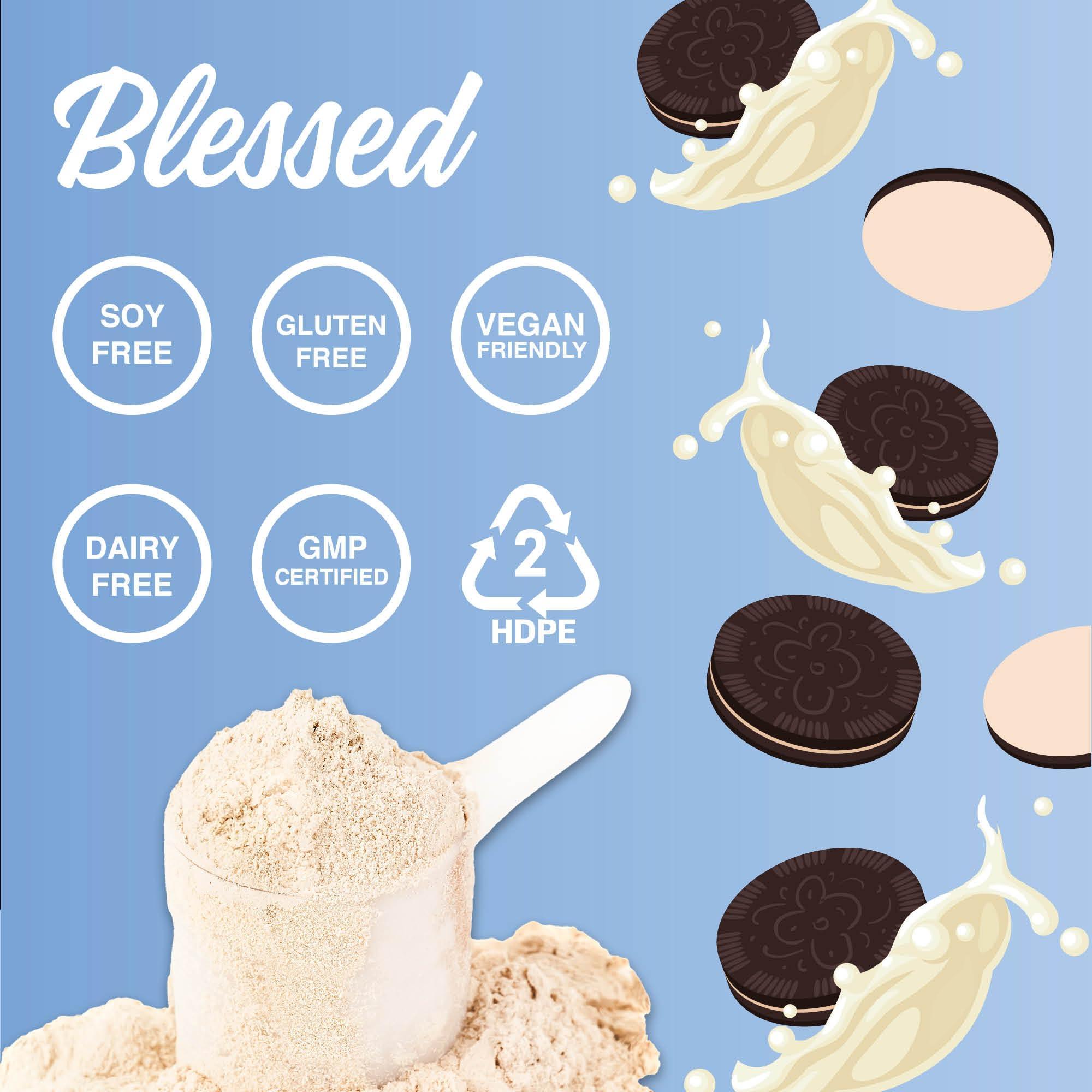 BLESSED BLESSED Vegan Protein Powder - Plant Based Protein Powder Meal Replacement Protein Shake, 23g of Pea Protein Powder, Dairy Free, Gluten Free, Soy Free, No Sugar Added, 30 Servings (Cookies & Cream)