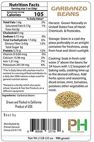 PRIMAL HARVEST Organic Garbanzo Beans (ChickPeas)-Raw/Non-GMO/Kosher Sproutable Low Sodium Bulk Vegan Dietary Fiber (15LB)