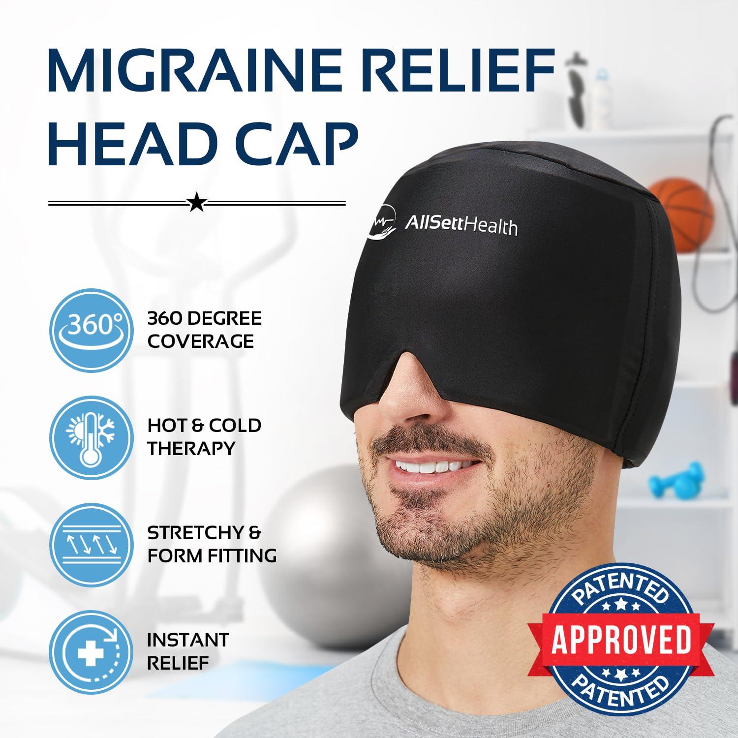 AllSett Health Migraine Relief Cap Ice Head Wrap Headache and Migraine Hat | Headache Relief with Hot/Cold Gel Head Ice Pack with Face and Eye Headache Mask Compress Black - FSA HSA Eligible Items
