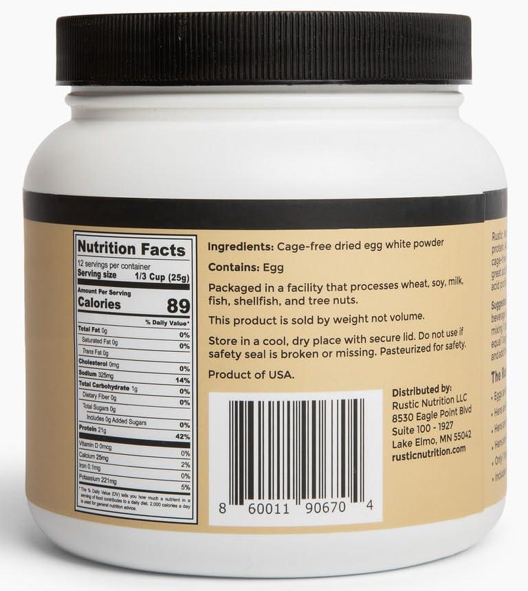 Rustic Nutrition Rustic Nutrition, Cage-Free Egg White Protein Powder, Made in USA from Humanely-Raised Cage-Free Eggs, Only 1 Ingredient, Dried Egg Whites (Unflavored, 10.5 Oz)