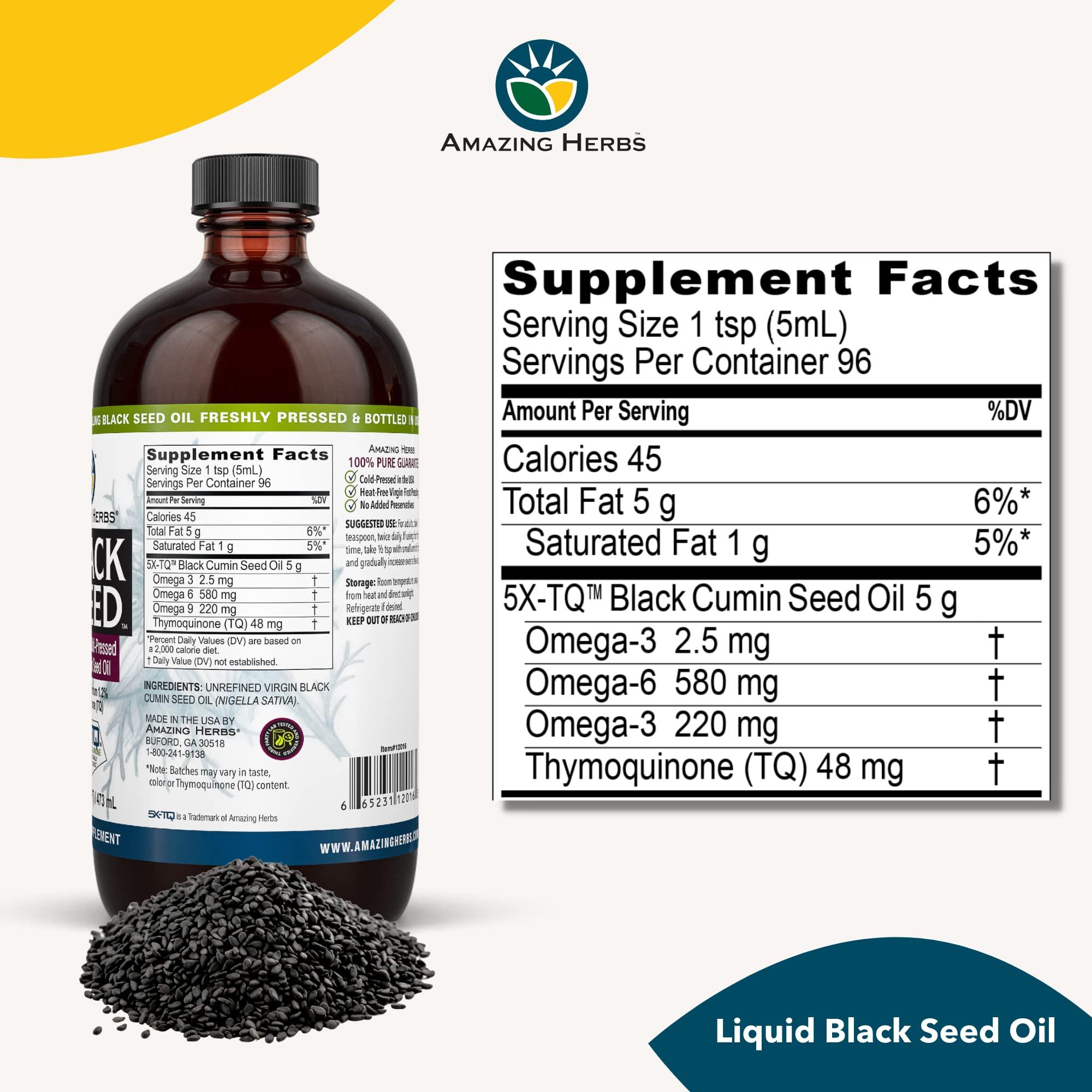 Amazing Herbs Amazing Herbs Premium Black Seed Oil - Cold Pressed Nigella Sativa Aids in Digestive Health, Immune Support, Brain Function, Joint Mobility, Gluten Free, Non GMO - 16 Fl Oz