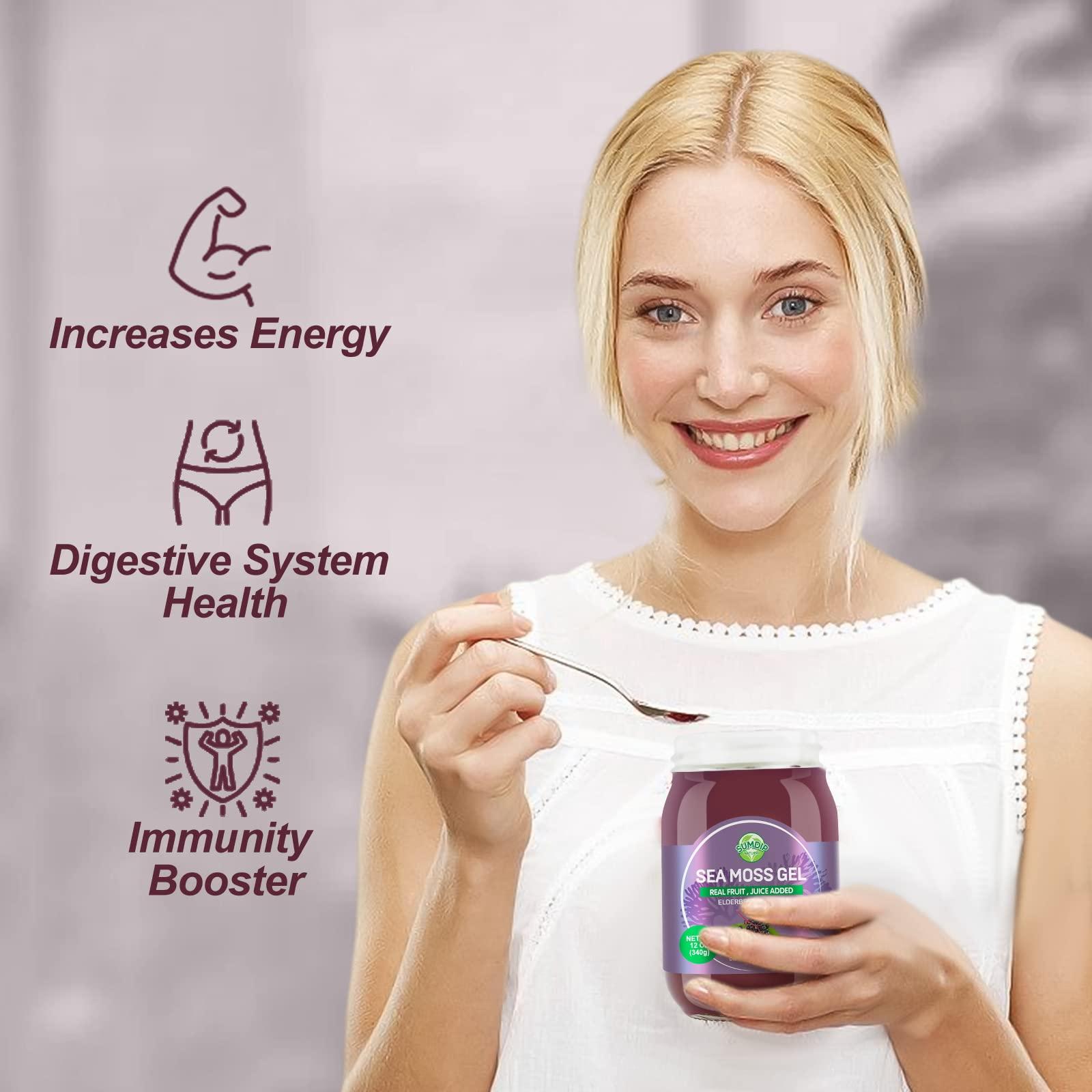 SumDIP Sea Moss Gel, Organic Raw Wildcrafted Irish Seamoss Gel Immune and Digestive Support Vitamin Mineral Antioxidant Supplements, Elderberry,Mixed Berry Flavor 12oz
