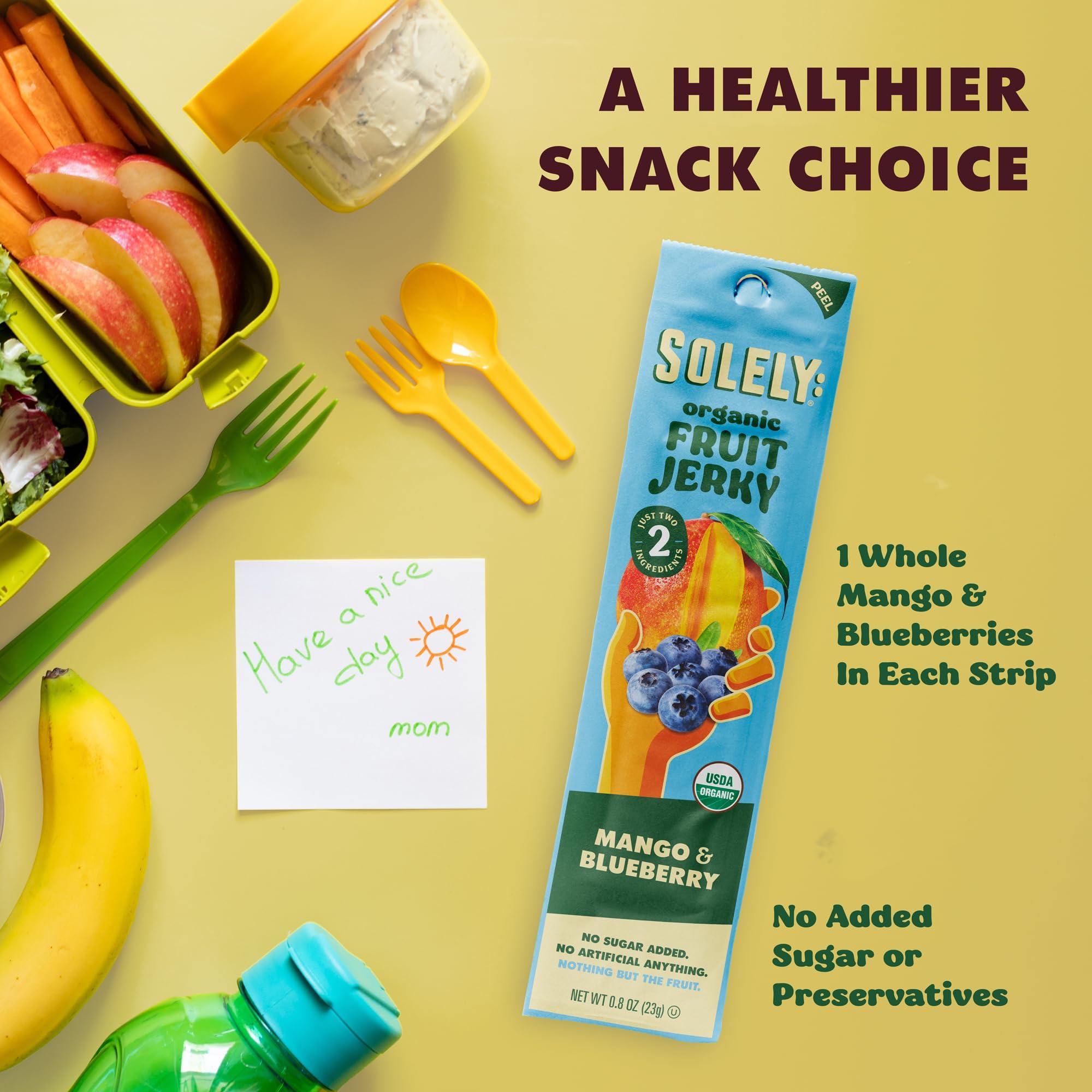 SOLELY SOLELY - Organic Mango Blueberry Fruit Jerky - 12 Individually Wrapped Fruit Strips - Fruit Leather Made from Dried Fruit - Healthy Snacks for Adults & Kids - Non GMO, Vegan Sacks - 0.8oz (23g)