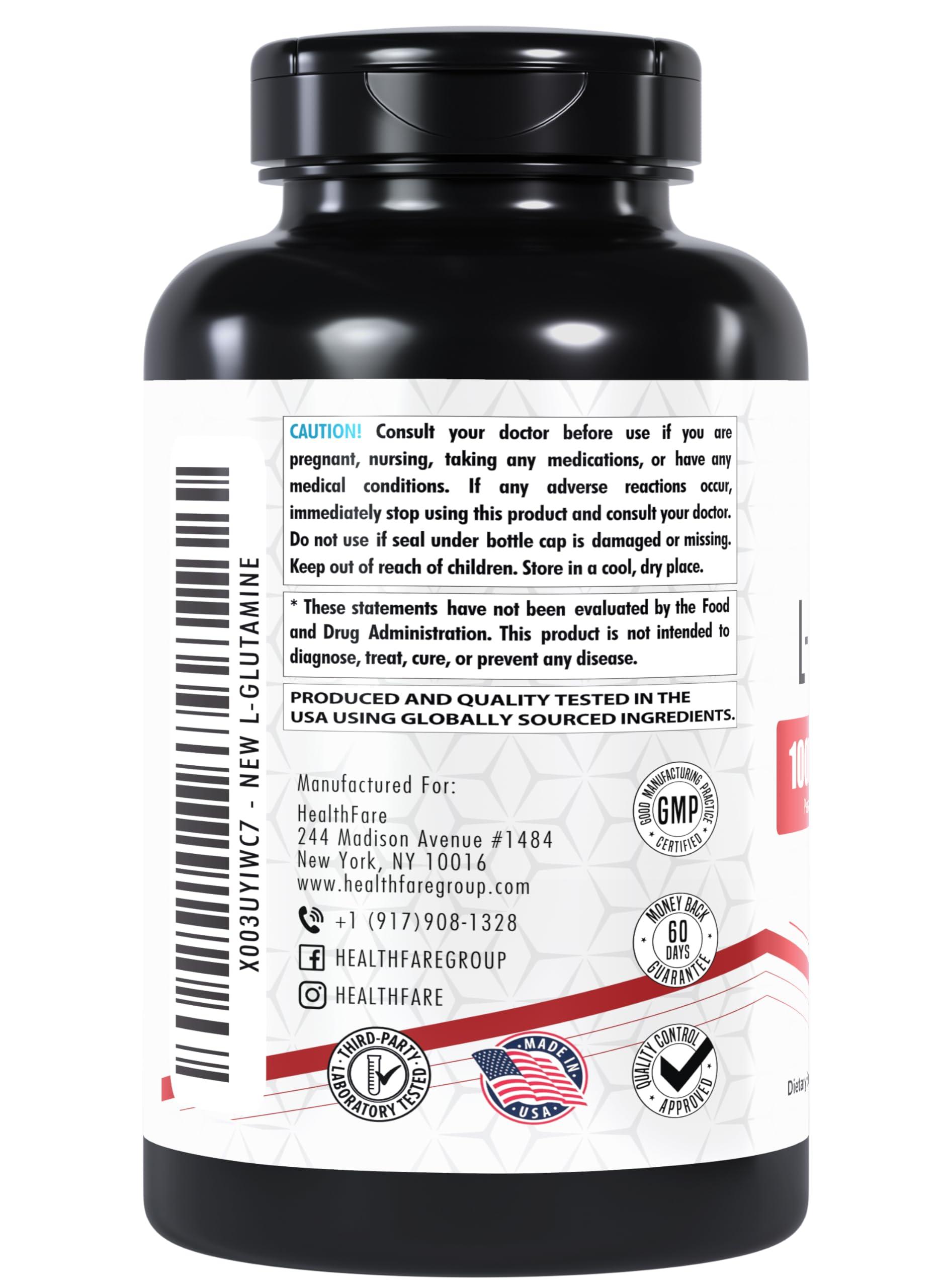 Healthfare HealthFare L-Glutamine 1000mg Capsules | 240 Capsules | Amino Acid Fuel for Gut & Muscle Health | Non-GMO | Gluten-Free | Support for Recovery & Wellness | Made in The USA