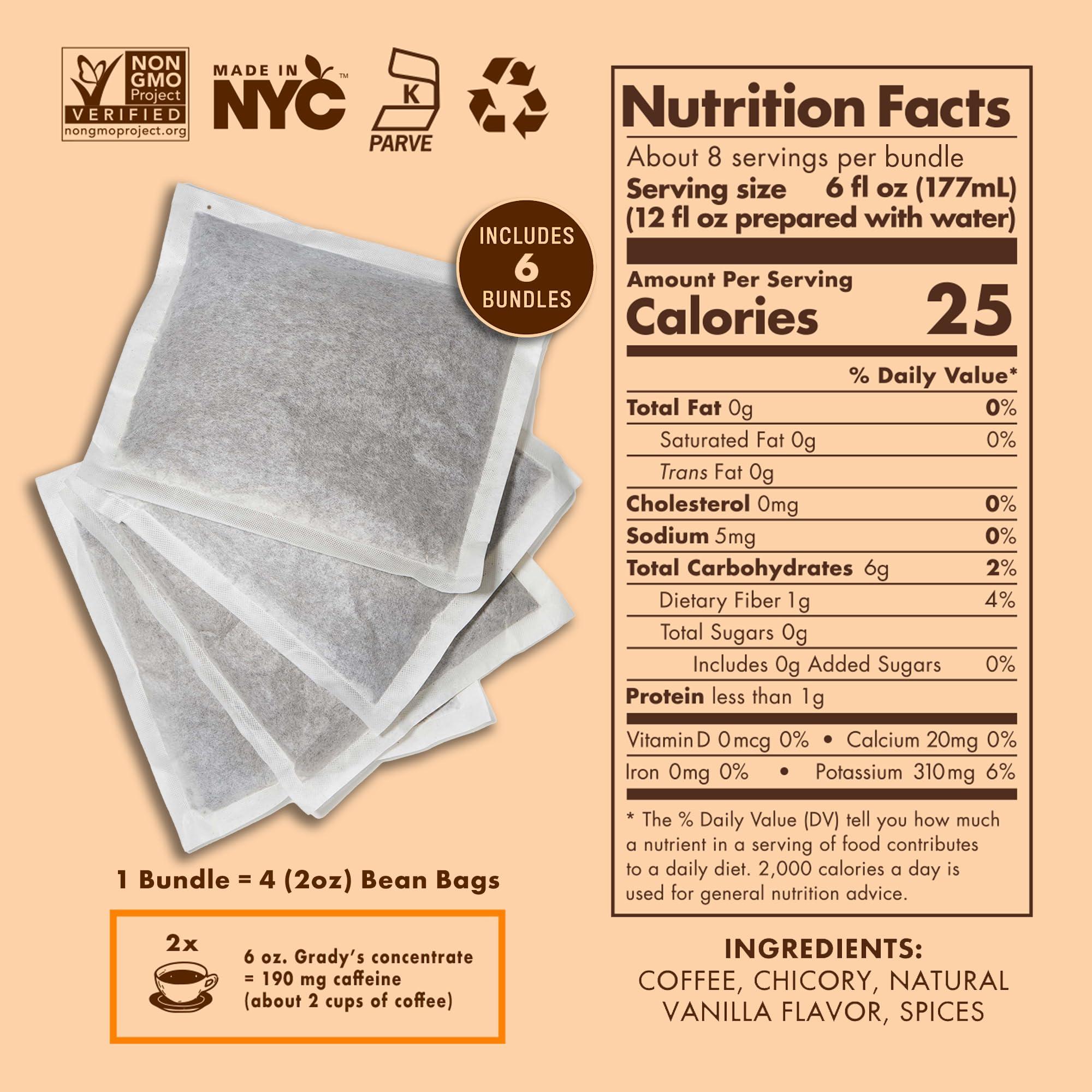 Grady's Cold Brew GRADYS COLD BREW Coffee Pouches | French Vanilla Coffee | 100% Arabica Ground Coffee & Chicory | SIX Bundles of 4 Easy-to-Brew Bean Bags | Makes 72 drinks