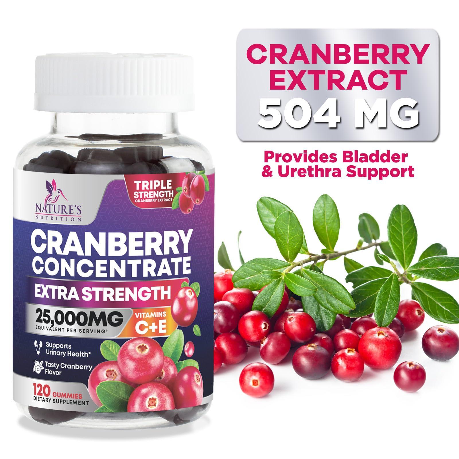 Nature's Nutrition Cranberry Gummies - Urinary Tract Health Gummy + Vitamin C - 25,000mg - Triple Strength Cranberry Concentrate Extract Supplement Pills, Ultimate Potency, Non-GMO, Gluten Free - 120 Gummies