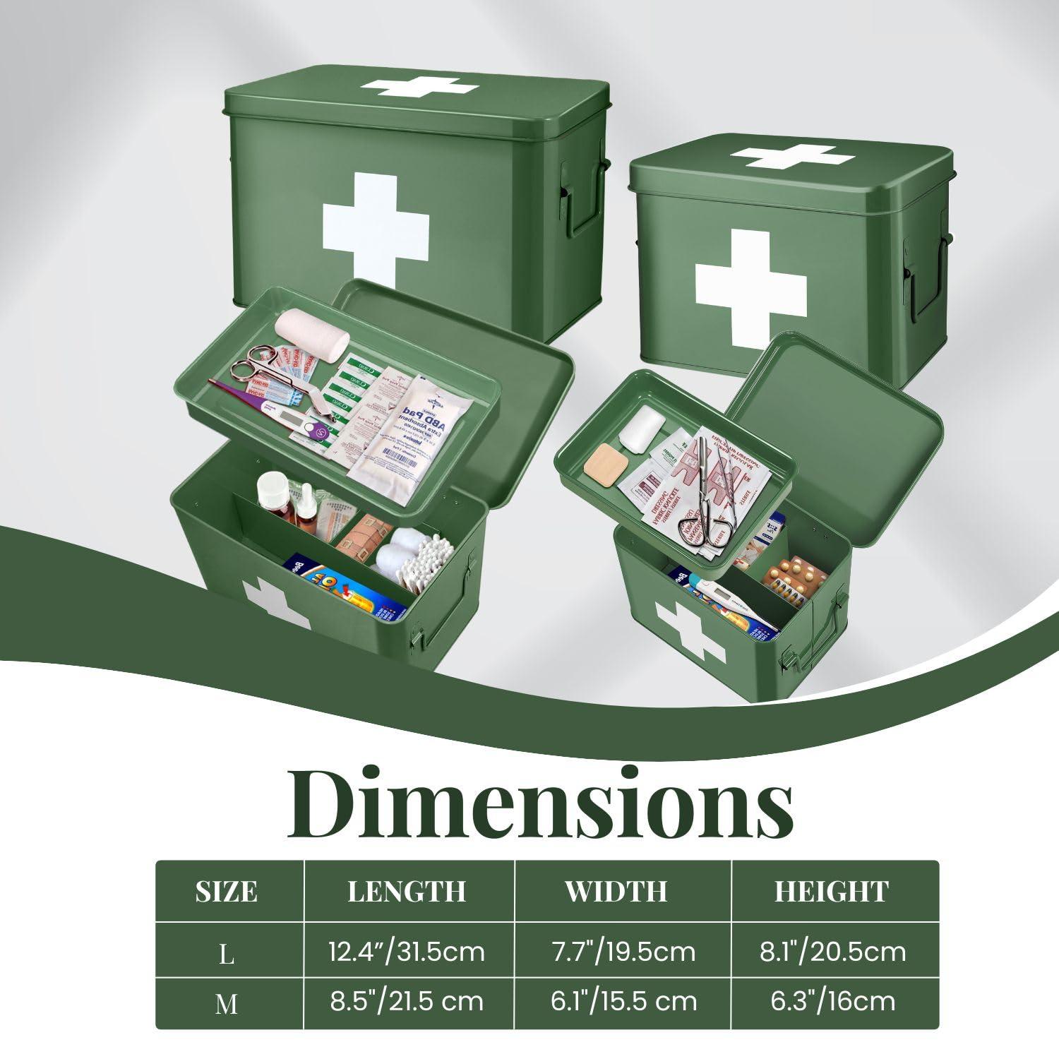 Flexzion Flexzion First Aid Box Organizer, Empty 8.5 Inch Green Vintage First Aid Kit Tin Metal Medical Box First Aid Storage Box Container Bins with Dividers, Removable Tray and Cross Logo