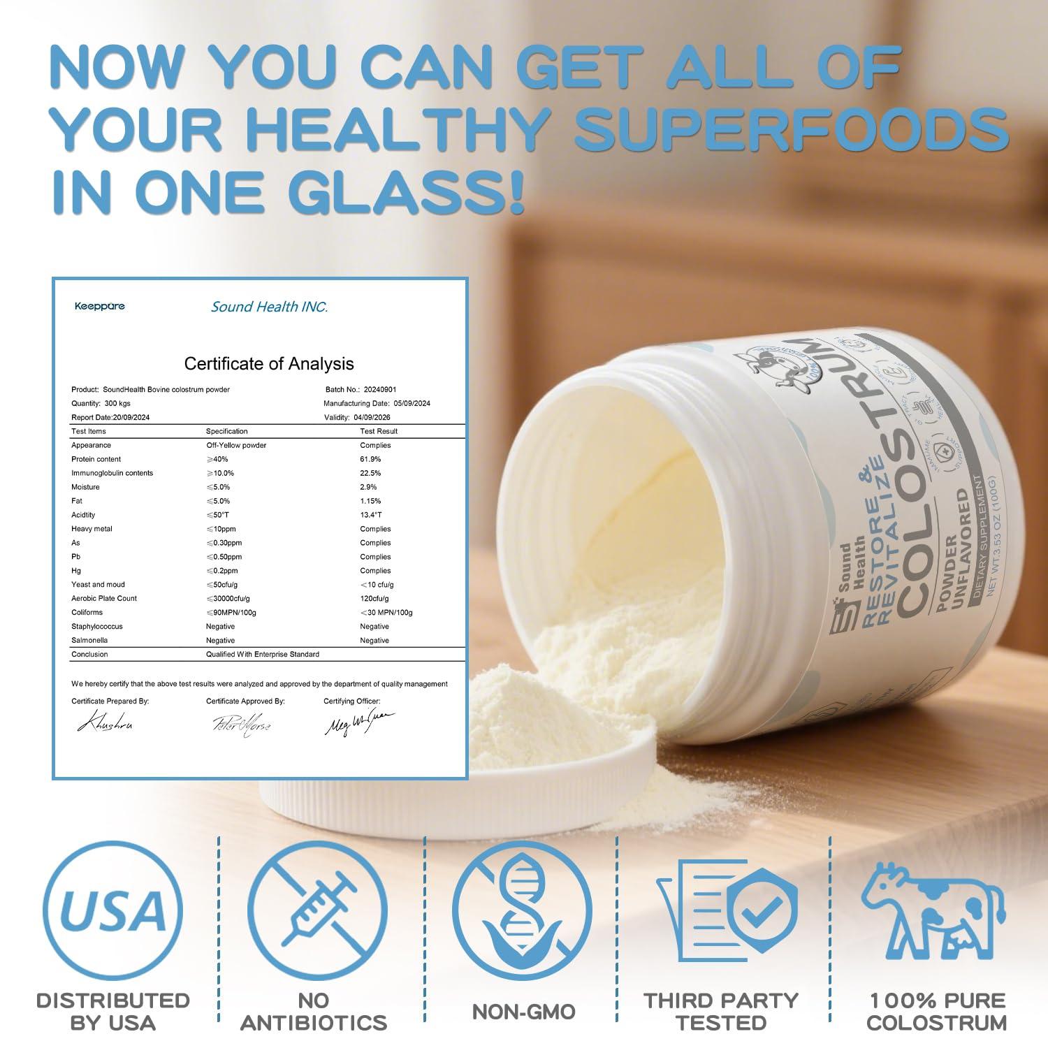 SoundHealth Colostrum Supplement Powder for Humans - Organic Bovine Colostrum Supplement for Gut Health, Hair Growth, Beauty, and Immune Support - Unflavored (73 Servings)