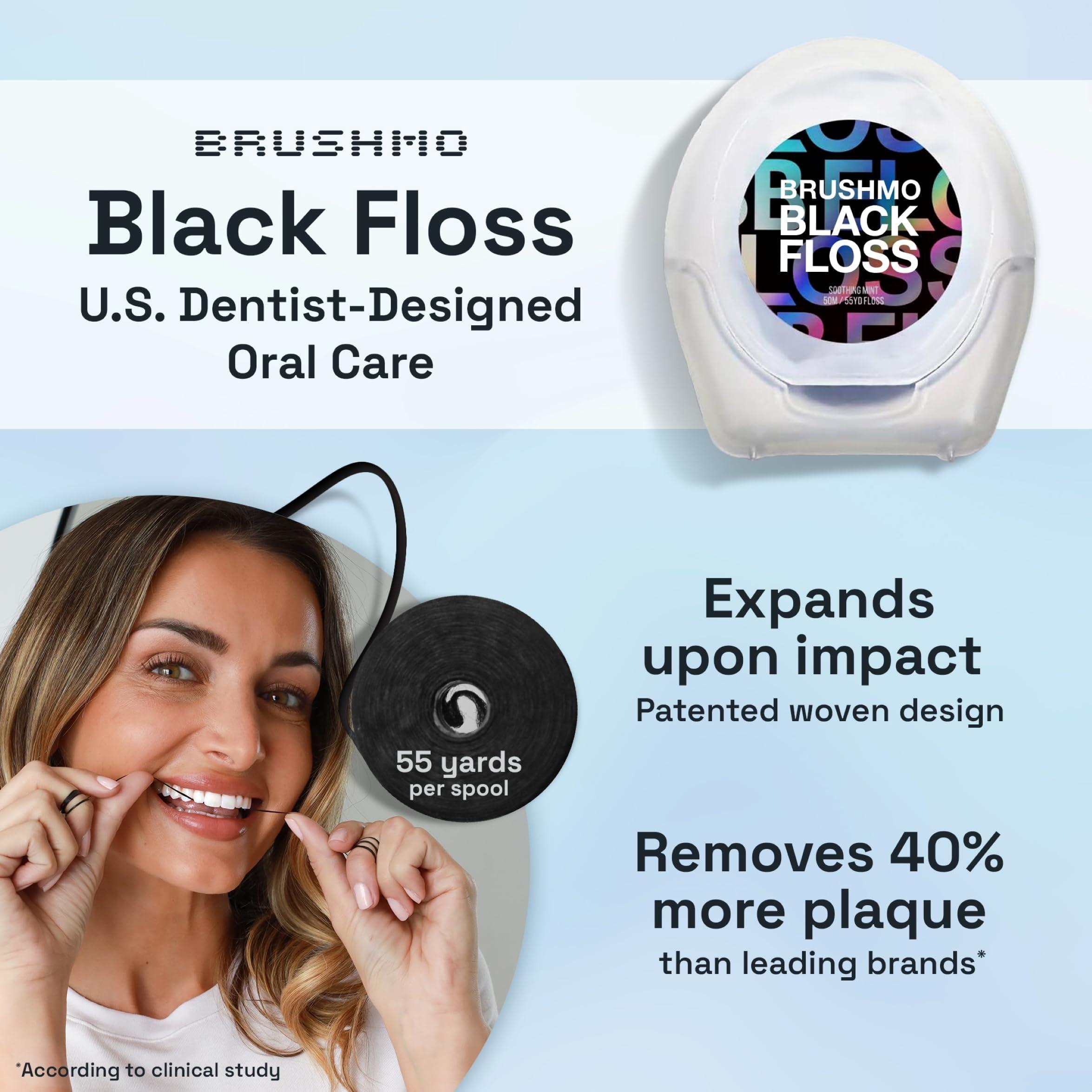 Brushmo Brushmo Black Floss (BB Floss), US Dentist-Designed Oral Care, Stain-Absorbing, Woven Expanding Dental Floss with Natural Wax to Prevent Gum Disease, Non-Toxic PTFE & PFAS Free, 3 Spools (165 yd)