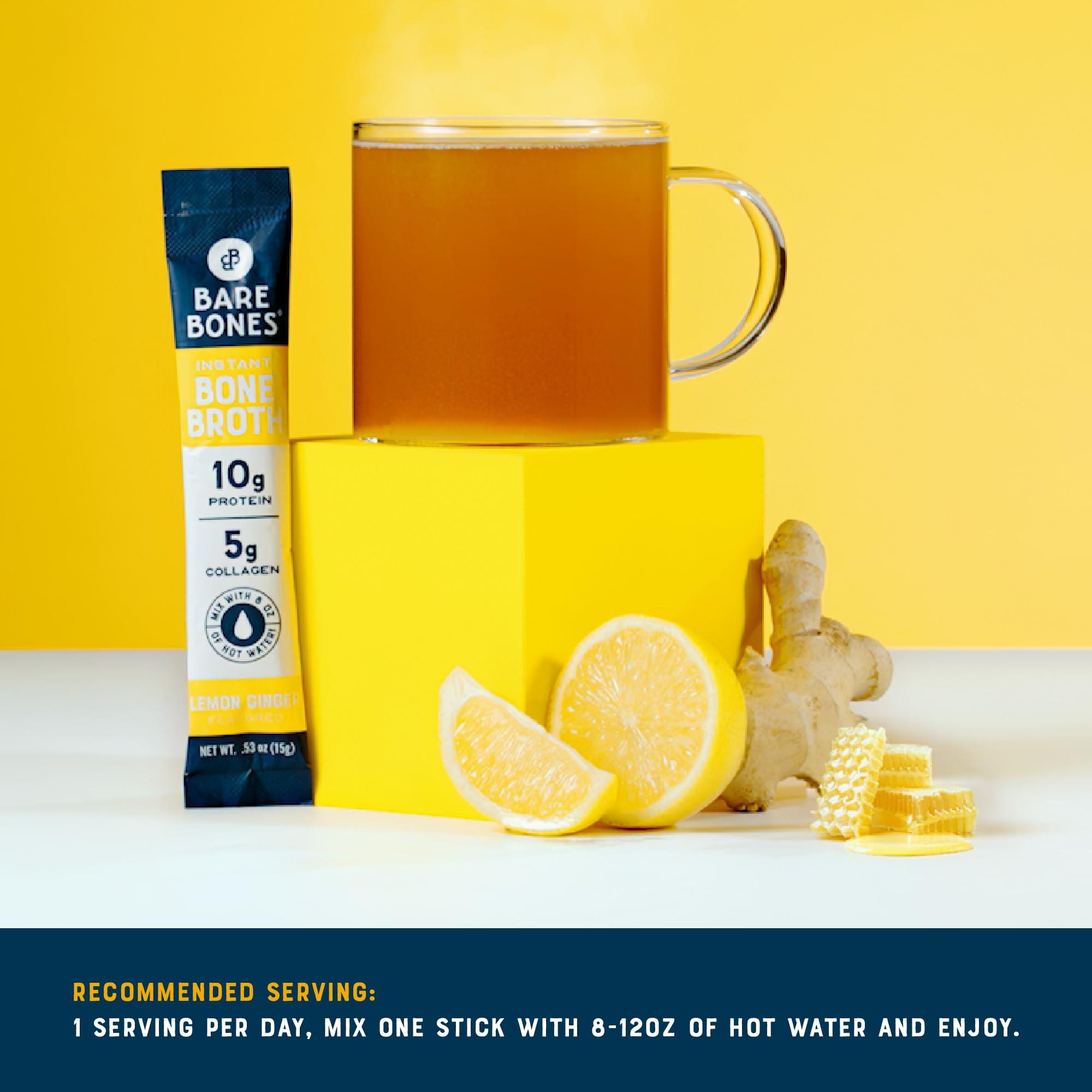 Bare Bones Bare Bones Bone Broth Instant Powdered Mix, Lemon Ginger, Pack of 8, 15g Sticks, 10g Protein, Keto & Paleo Friendly Bone Broth Packets