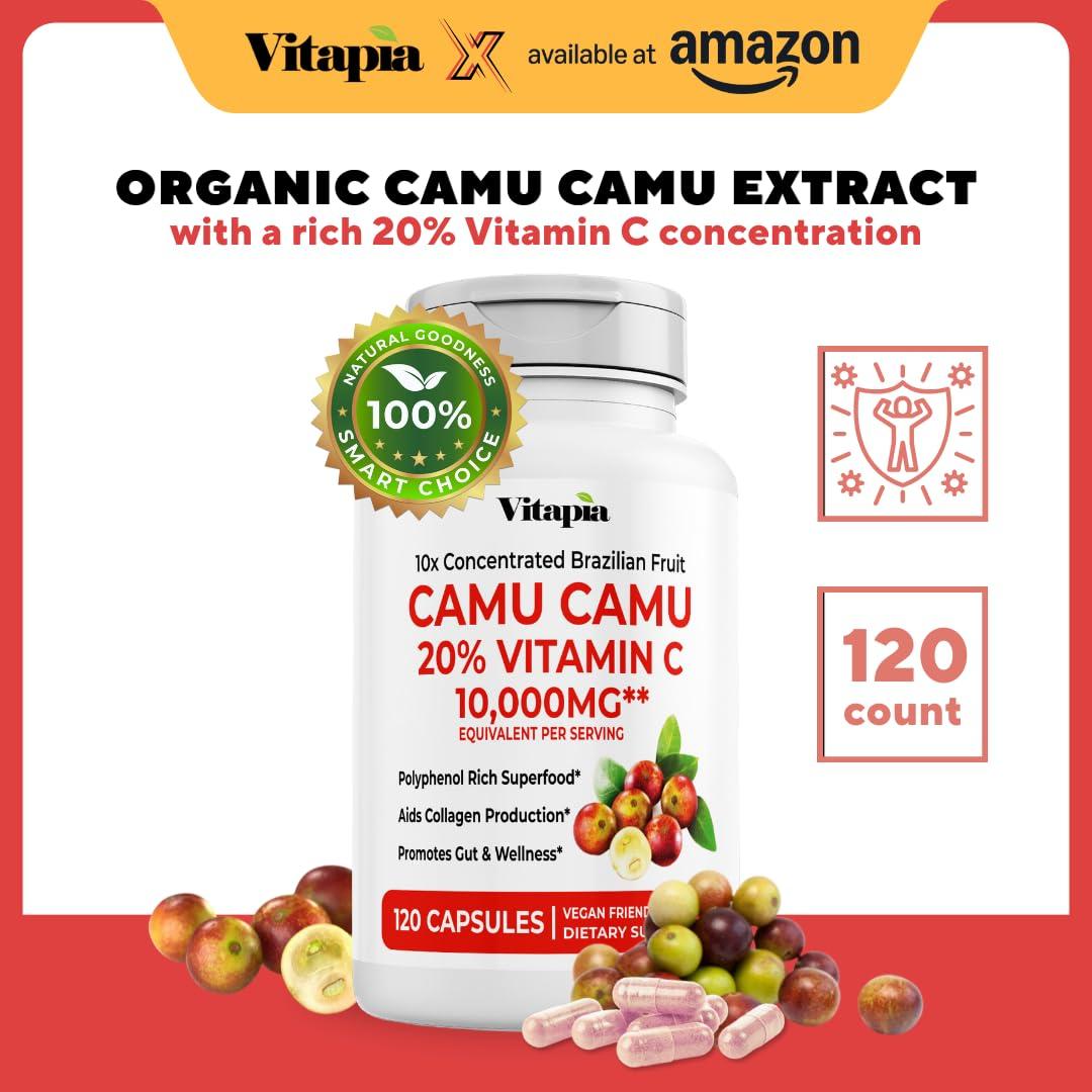 Vitapia Organic Camu Camu Extract 20% Vitamin C Capsules - Immune, Collagen, Metabolism Support - 120 Veggie Capsules - Non GMO, Gluten Free, Vegan Supplement