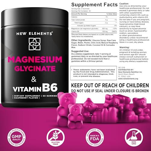 New Elements Magnesium Glycinate Gummies 500mg with Vitamin B6 100mg for Adults and Kids - High Absorption | Non-GMO | No Gluten | Stress Relief | Sleep & Relaxation | Muscle & Heart Support | Natural & Vegan