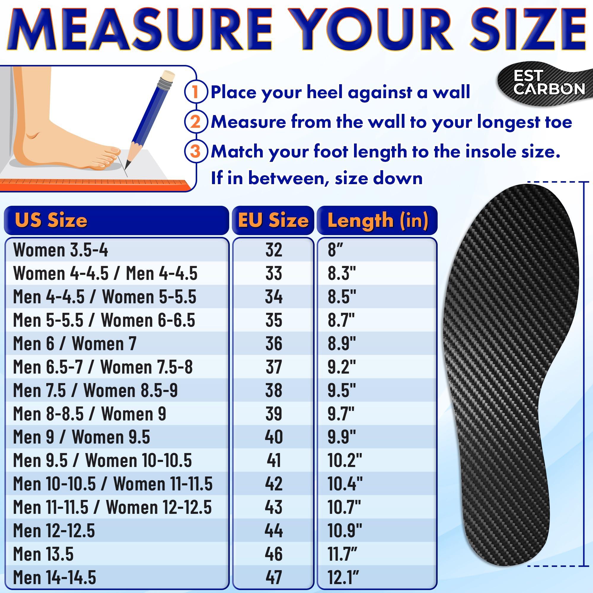 ESTCARBON Carbon Fiber Insole for Men & Women 1 PC Carbon Fiber Shoe Insert, Carbon Fiber Foot Plate - Hallux Rigidus Relief, Turf Toe, Mortons Extension, Big Toe, Carbon Fiber Insoles Women 8.5-9, Mens 7.5