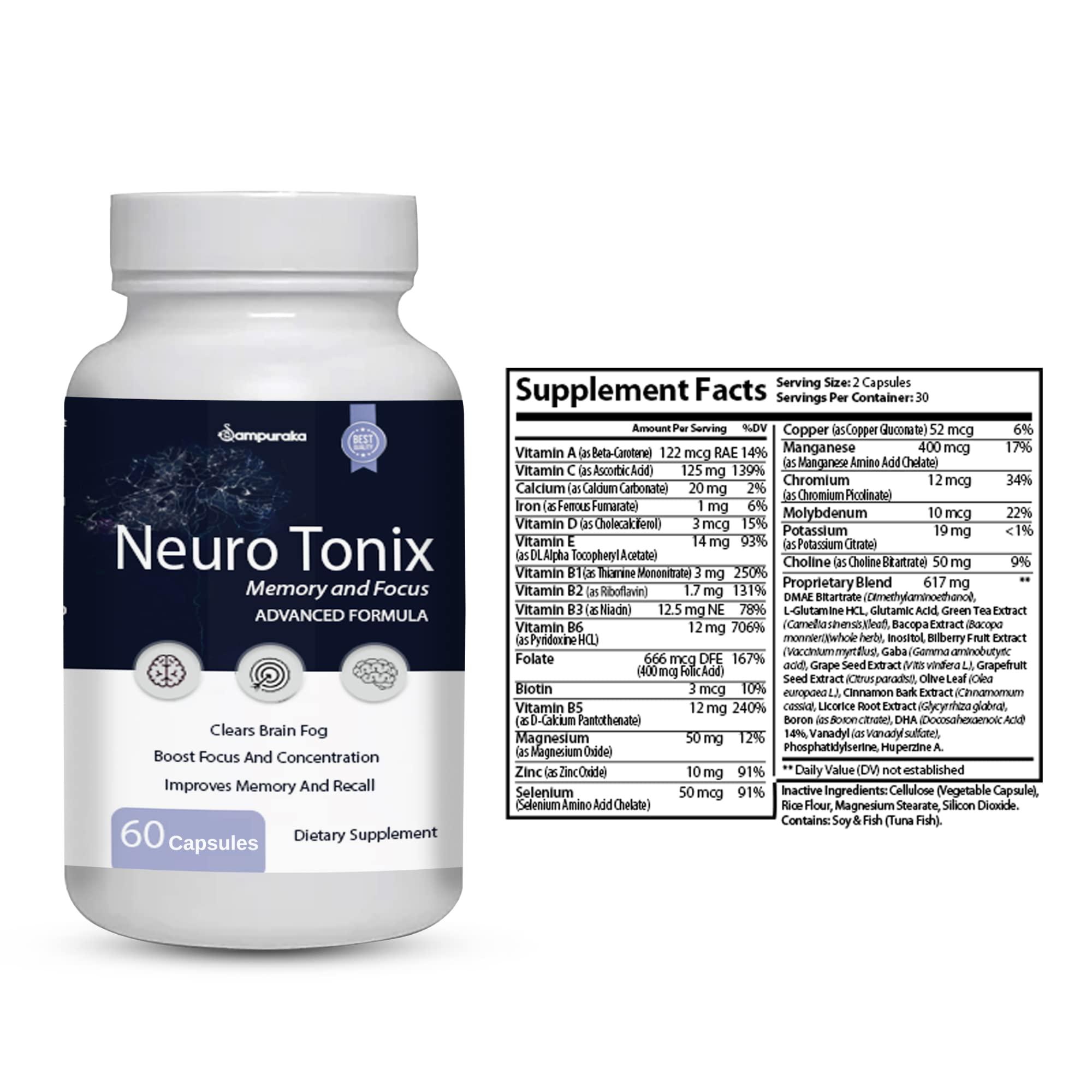 Sampuraka Neuro Tonix Advanced Formula for Memory and Focus Supplement - 2 Packs NeuroTonix 120 Capsules (Pills)
