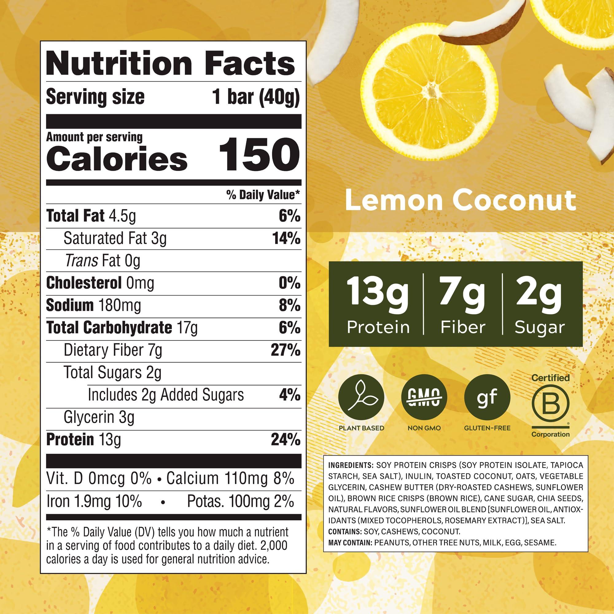 Simply Protein Simply Protein - Lemon Coconut Crispy Bars - Plant Based Protein Bars - Low Carb, Low Sugar, High Fiber - 12g Protein, 2g Sugar, 7g Fiber - Vegan, Gluten Free, Non GMO, Kosher - 24 Bars