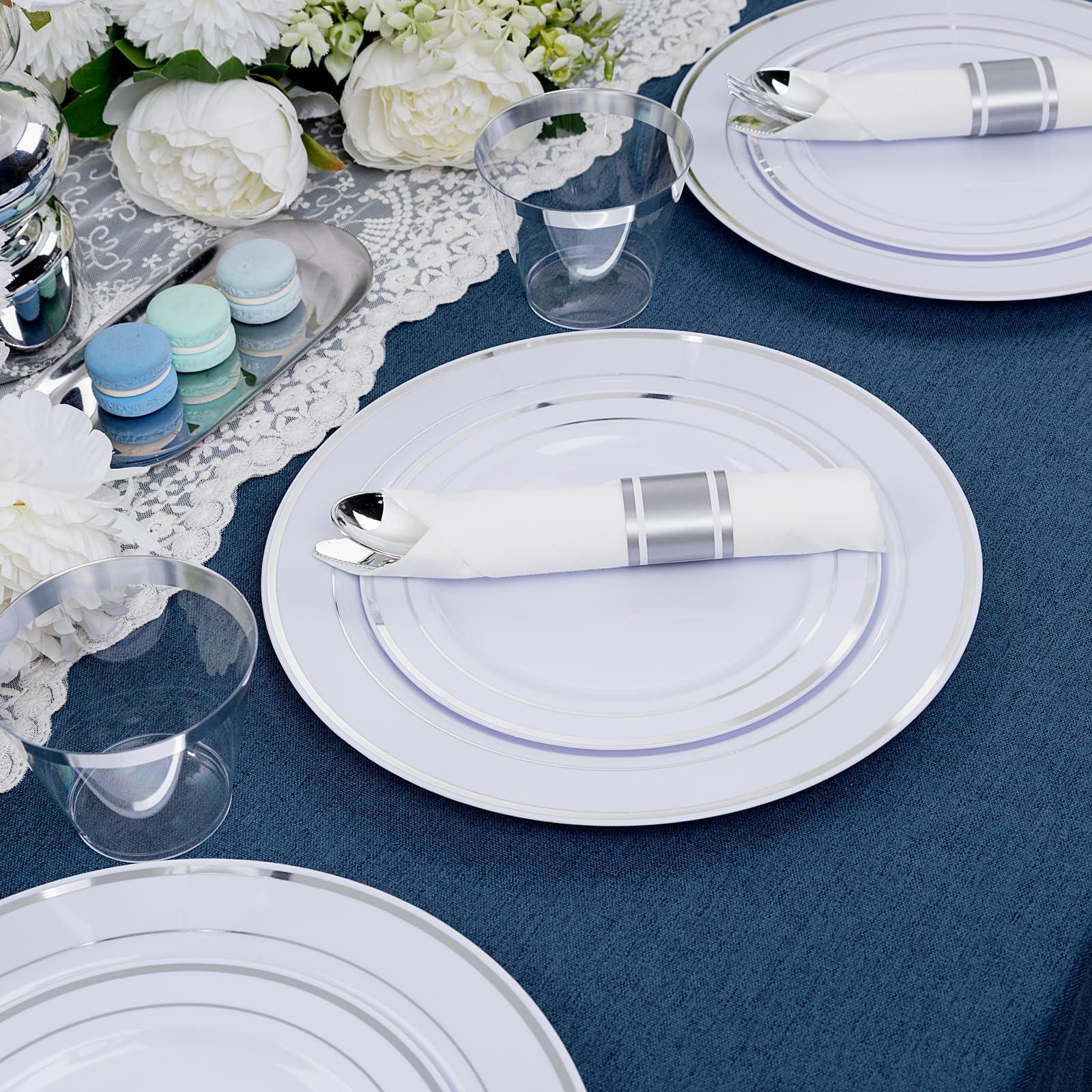 WDF Partyware WDF Partyware 350 Pcs Silver Plastic Plates - Silver Dinnerware Set of 50 Dinner Plates 50 Dessert Plates 50 Silverware 50 Napkins 50 Cups for Party&Wedding