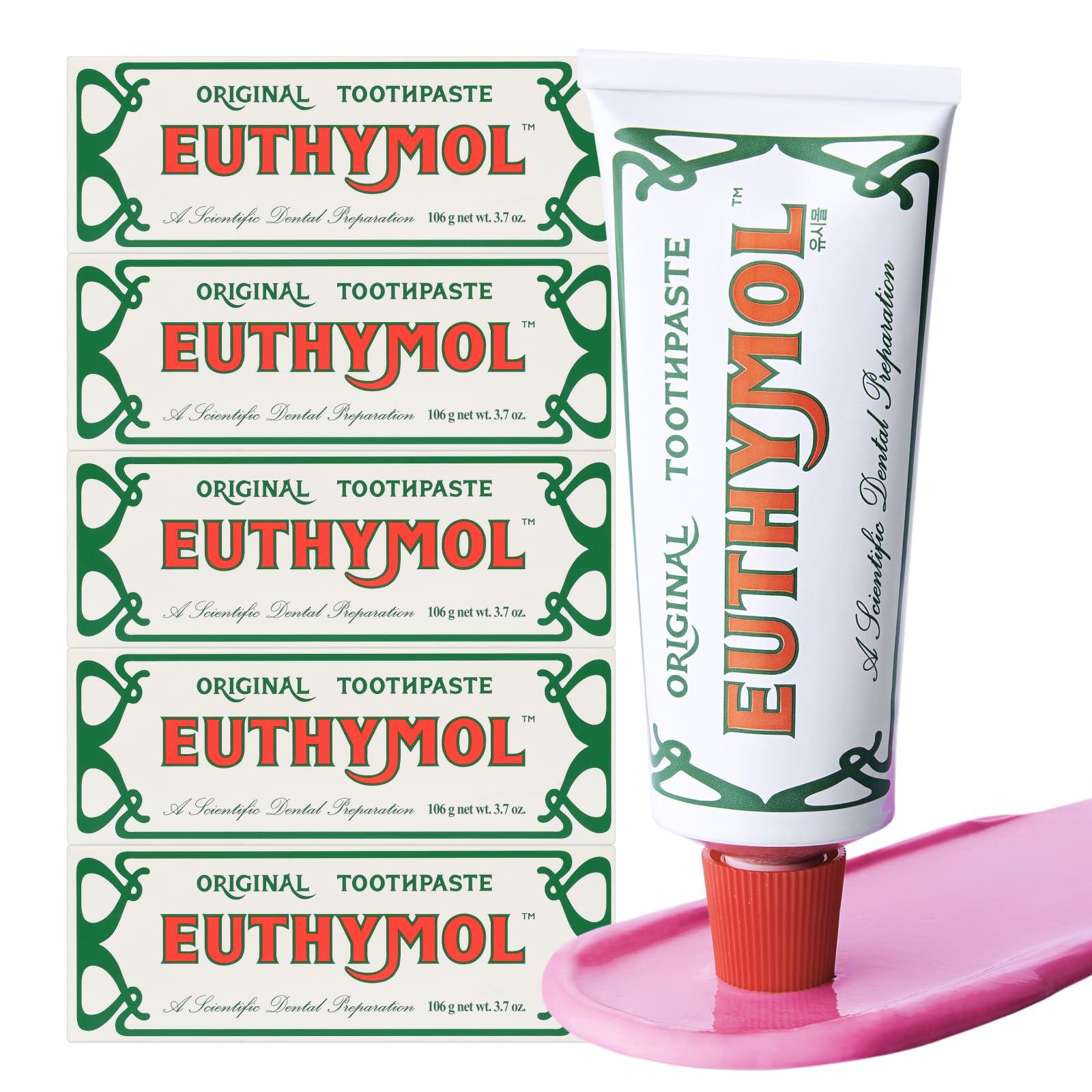 Euthymol EUTHYMOL Original Toothpaste (3.7fl oz, Pack of 5) - Fluoride-Free Toothpaste for Sensitive Teeth & Gum. Bad Breath, Cavity Prevention, 12-Hour Long Lasting Freshness with Wintergreen.