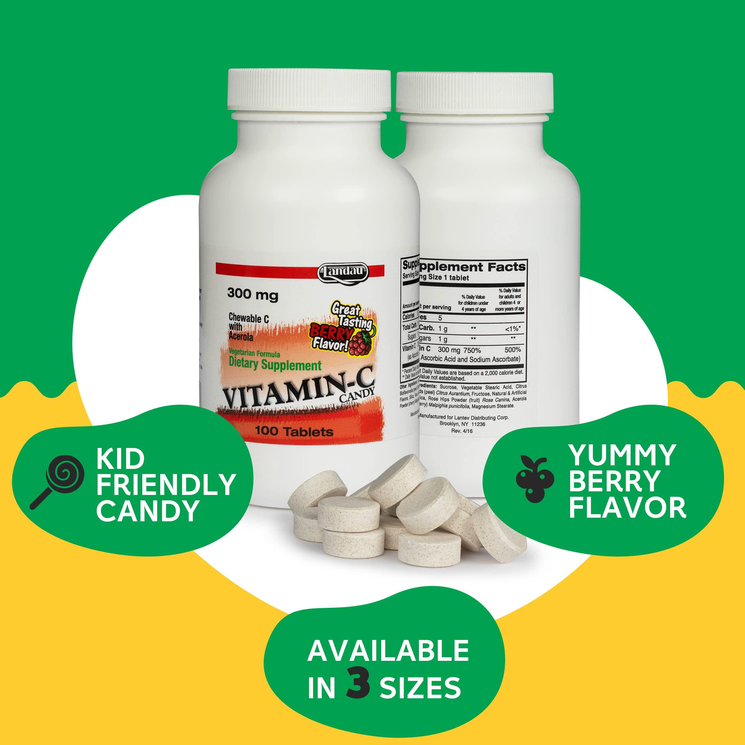 Landau Landau 300mg Chewable Vitamin C Candy for Kids & Adults Easy-to-Take Vitamin C Supplement with Acerola Kosher & Made in The USA Great Tasting Berry Flavor, 100 Tablets