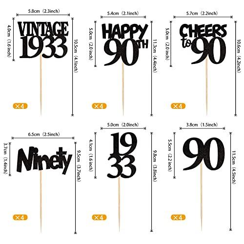 Rsstarxi Rsstarxi 24 Pack 90th Birthday Cupcake Toppers Black Glitter Vintage 1933 Cupcake Picks Ninety Cheers to 90 Years Old Birthday Cupcake Topper for Happy 90th Birthday Anniversary Party Cake Decorations