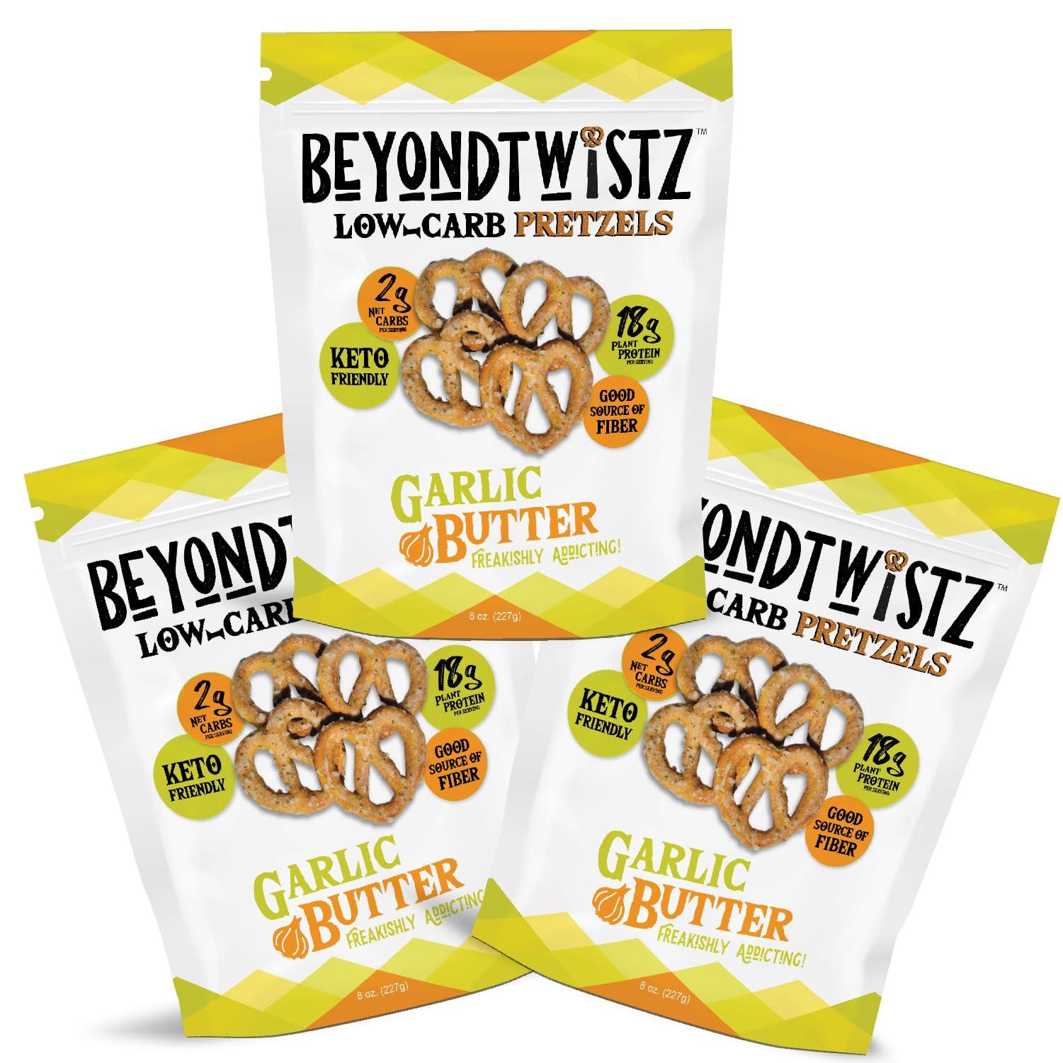 BeyondChipz BeyondTwistz Low Carb Pretzels, Garlic Butter, Keto Friendly, 2g Net Carbs, 18g Protein, Powered By HealthSense High Fiber Wheat Flour, Family Size 8oz Bag, Pack of 3